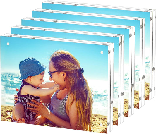 HELPLEX 5 Pack 8x10 Acrylic Picture Frames, 20mm Thicker Frameless Clear Frame, Double Sided Magnetic Frame, Free Standing Desktop Display Stand, UV Protection, Modern Style, 8x10 Size