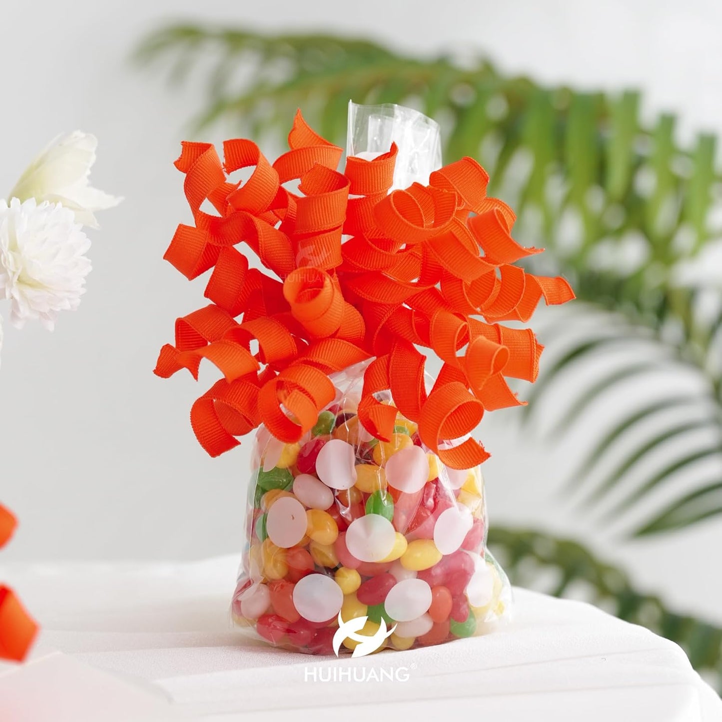 HUIHUANG Curly Ribbon Bows for Gift Wrapping, Orange Gift Bows Self Adhesive Burst Gift Bows for Present Box, Wine Bottle, Treat Bags, Wrap Accessories, Bridal Shower Wedding Party Favor - 6 Counts