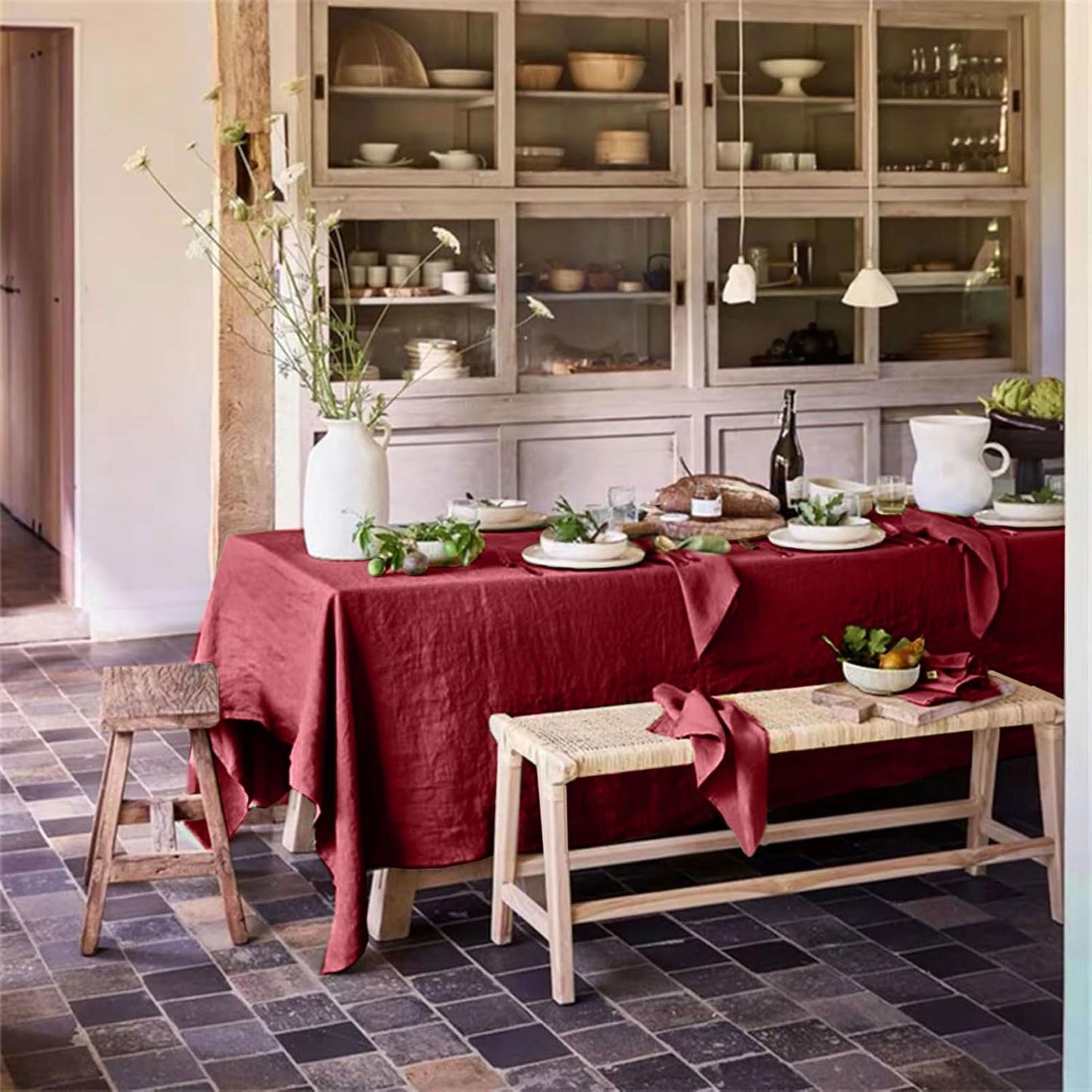 Talasily Linen Tablecloth 100% Pure Linen Table Cloth 60x120 Inches Rectangle Tablecloths Washable Cloths for Kitchen, Dining, Buffet Parties, Holidays, Picnic, Weddings and Restaurants-Christmas Red