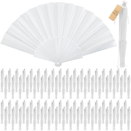 Wenqik 120 Pcs Wedding Folding Hand Fans Bulk Silk Fabric Chinese Handheld Foldable Clack Fans with Plastic Ribs for Party, Wedding Gifts, Line Dancing, Home Decorative (White)