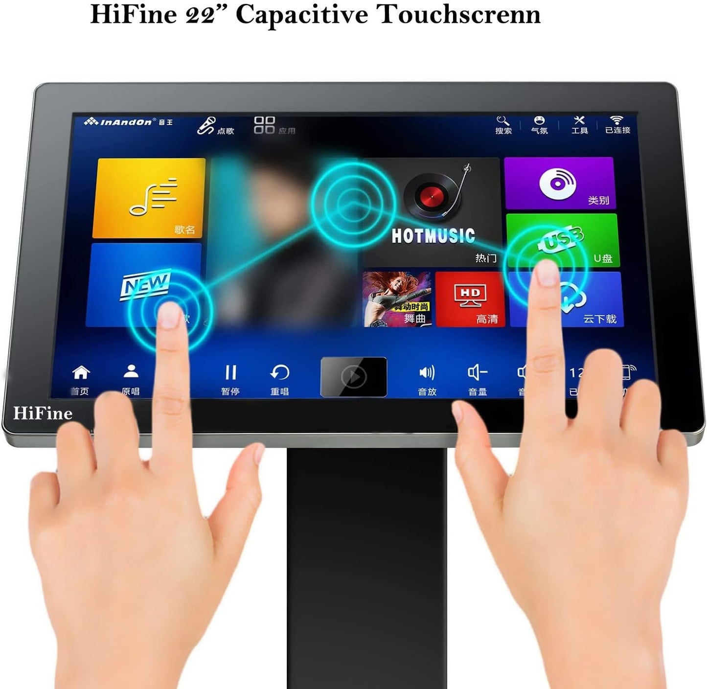 International Version HiFine Karaoke System: KV-V5Max Smart Karaoke Player with 8T Harddrive, HiFine 22" Touch Screen, Cloud Song Download, Android Live TV and Movies Online.