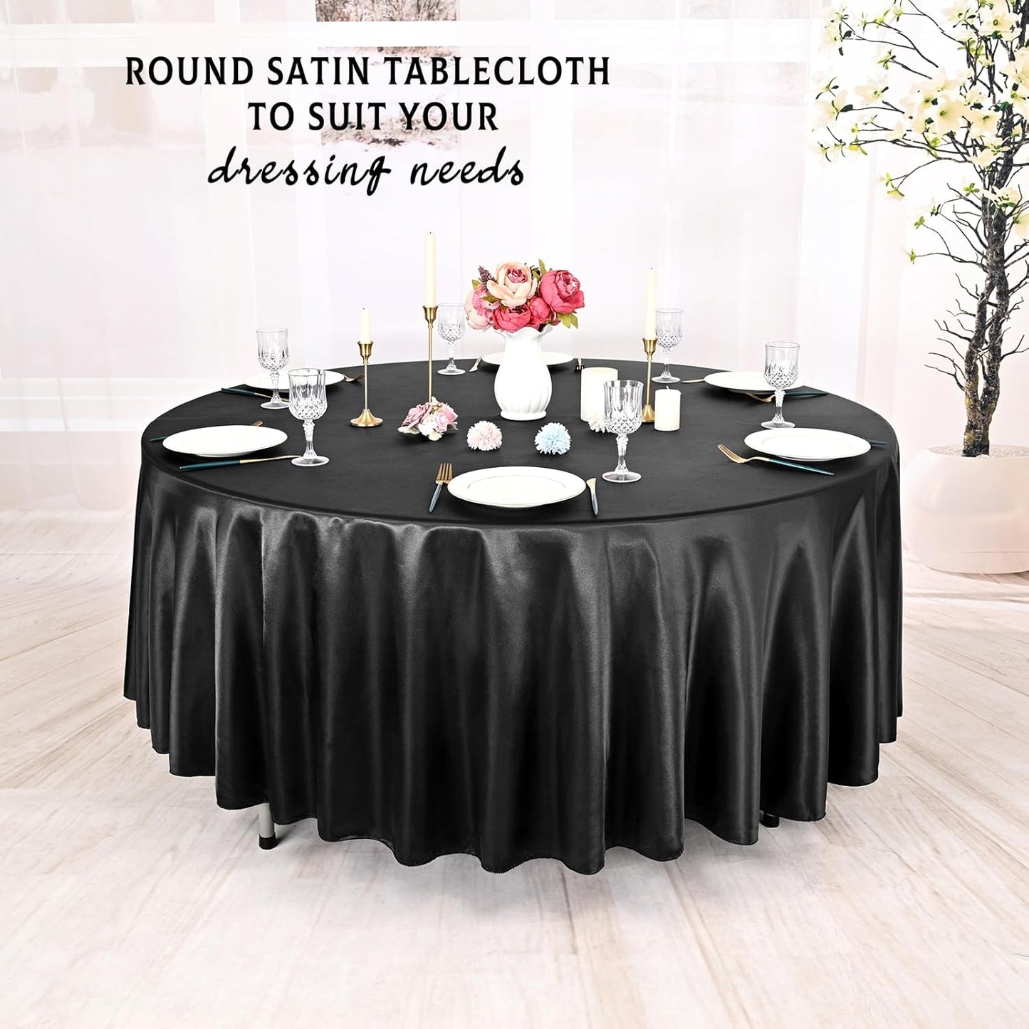 6 Packs Satin Tablecloth 120 Inch Black Round Table Cloth Silk Tablecloth Smooth Fabric Overlay Satin Table Cover Decoration for Wedding Party Banquet Events