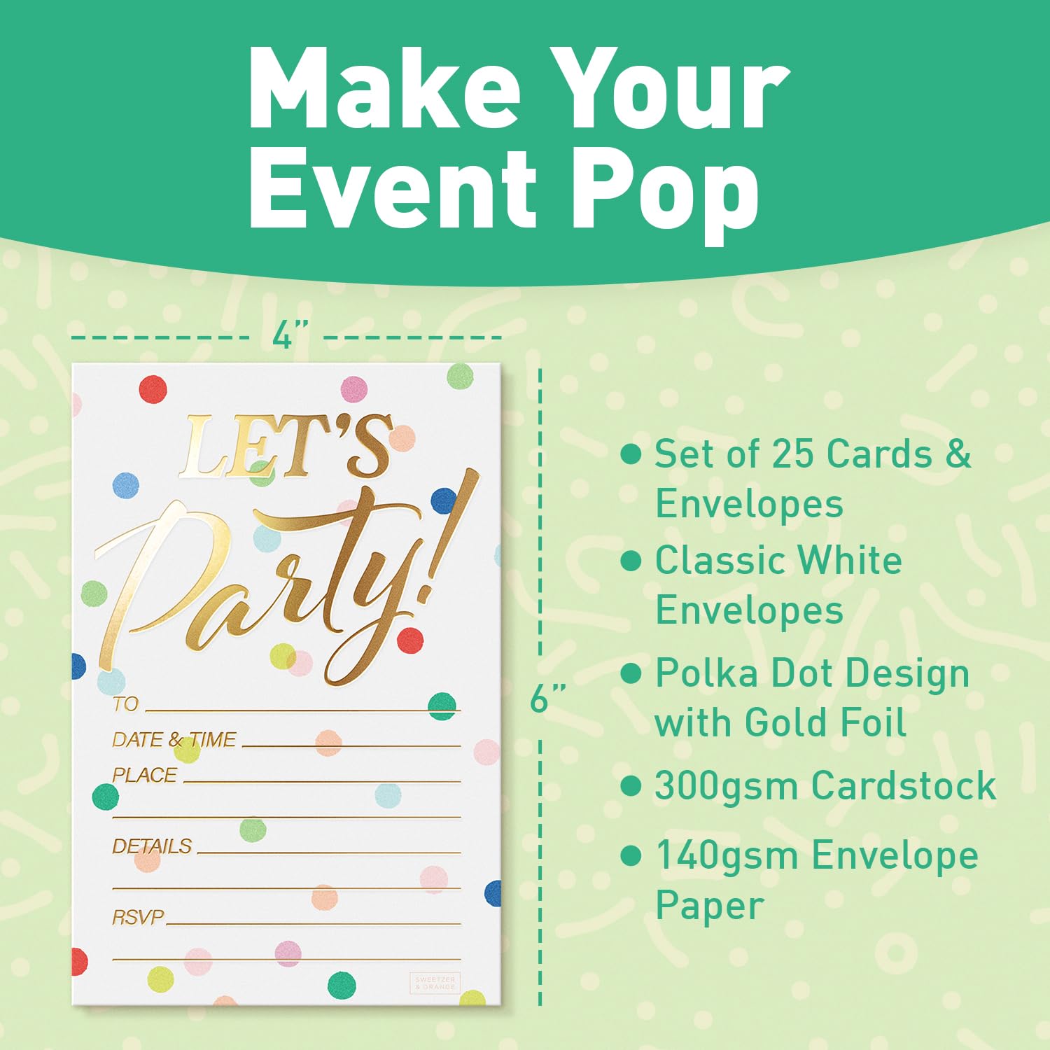 Sweetzer & Orange S&O Set of 25 Polka Dot Party Invites -Happy Birthday Invitations for Adult &