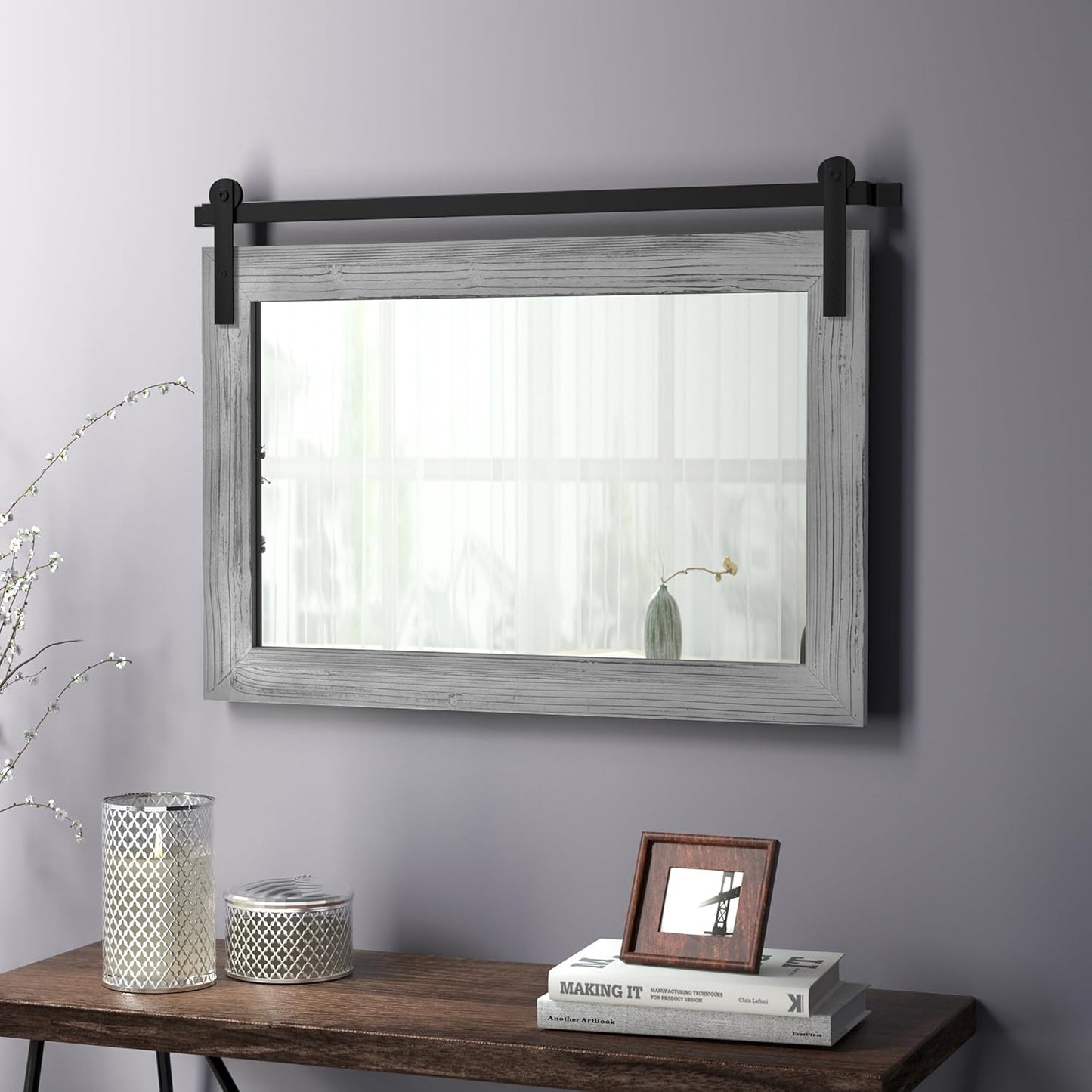 COGOOD Farmhouse Barn Door Mirror - 41" x 26" Rustic Wood Framed Wall Mirror for Bathroom, Living Room, Entryway Wall Decor (Grey)