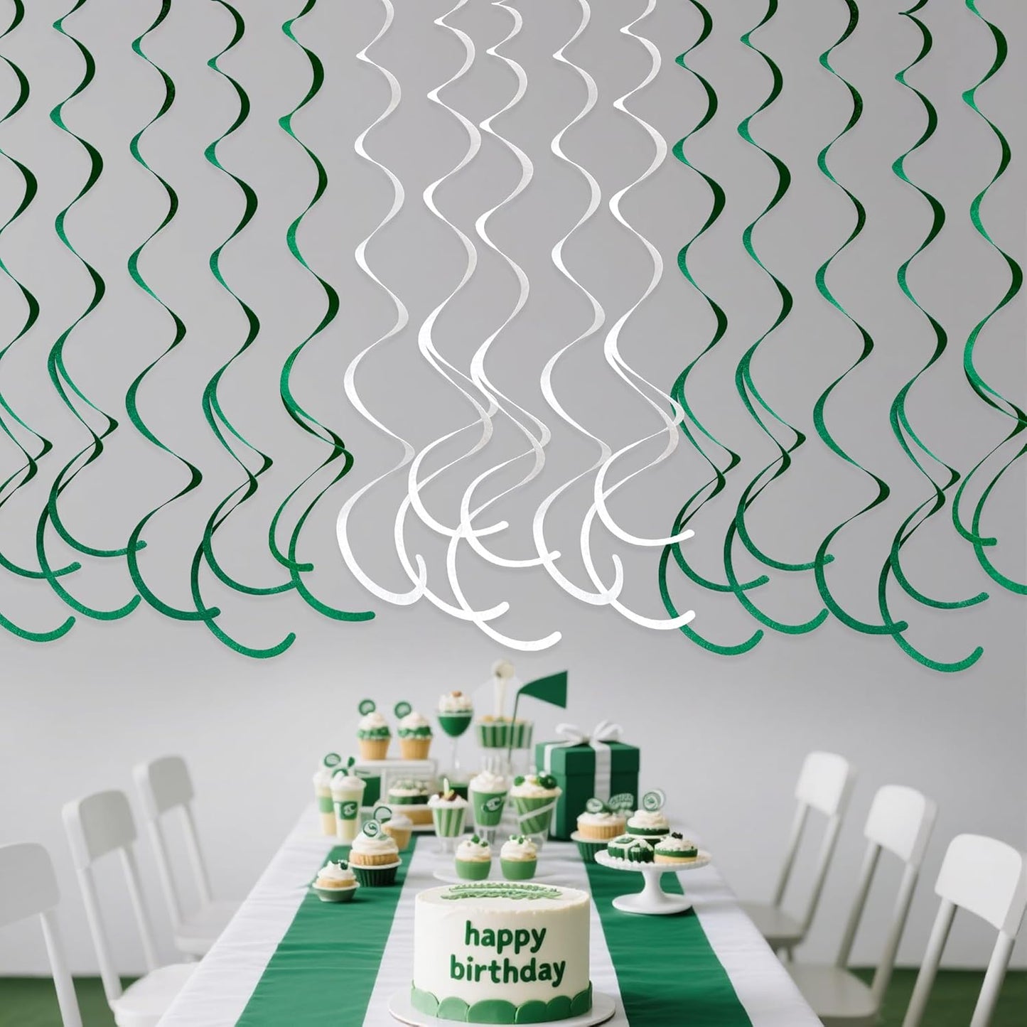 36 Pcs Green White Hanging Swirl Decorations Felt Swirl Streamer Spiral Ceiling Garland for Birthday Graduation Wedding Retirement Baby Shower Spring Summer Christmas Masters Golf Party Decor Supplies