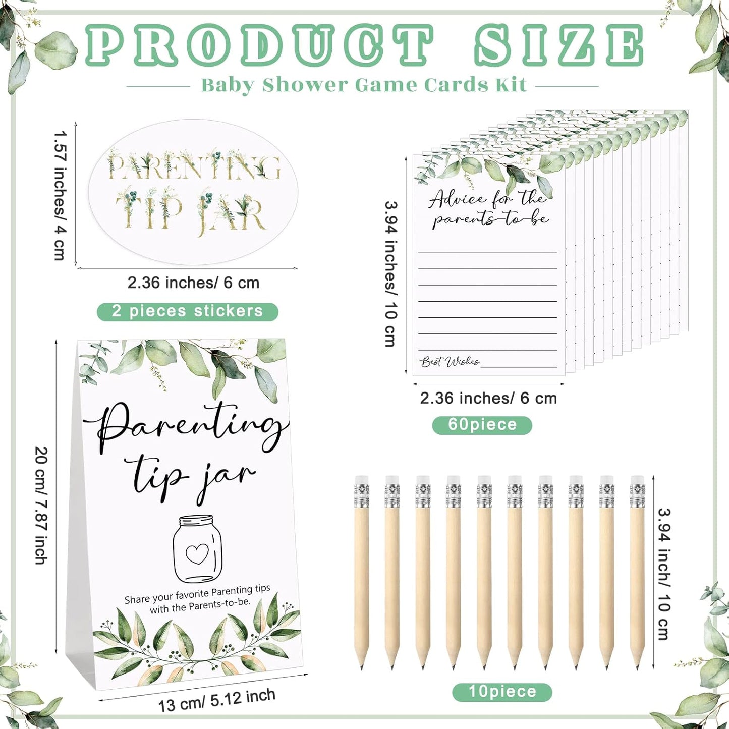 Roowest Baby Shower to Baby Advice Cards for New Parents to Be - Tip Jar Sign for New Parents 60 Parenting Advice Cards 10 HB Pencils 2 Cute Stickers 1 Pet Bottle for Guests Games(Leaf)