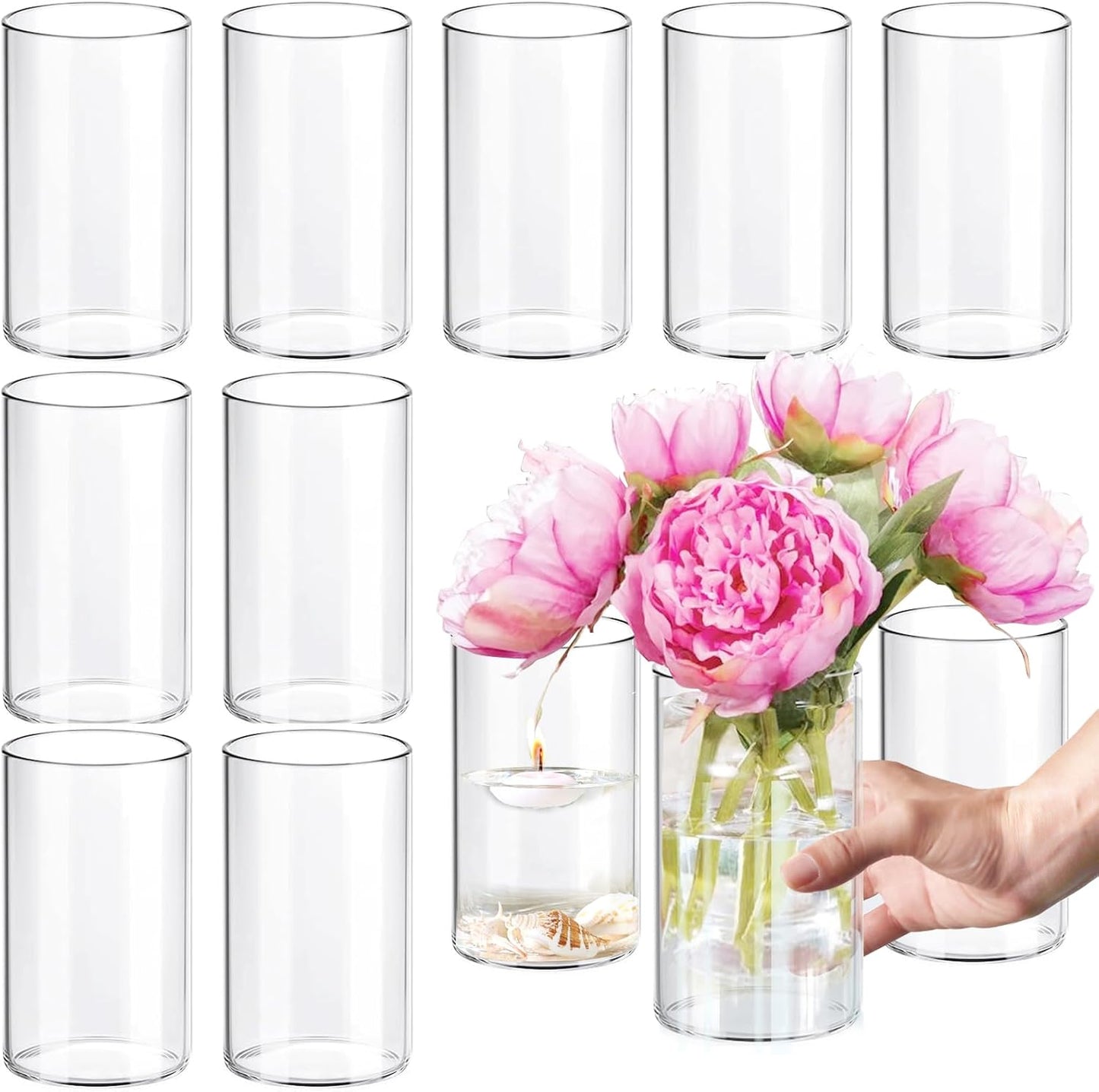 12Pcs Glass Cylinder vases for Centerpieces, 6 Inches Clear Bud Vases for Wedding Decorations,Floral Vase Bulk Flower vases,Tall Glass Hurricane Candle Holder for Table Shelf, Party.