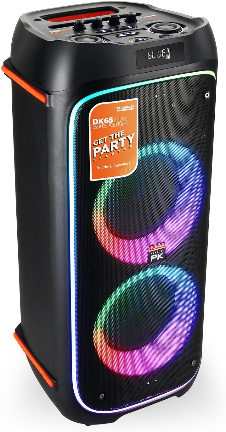 The Platinum DK65 Bluetooth Party Speaker, Karaoke Machine for Adults with 2 Wireless Microphones and Powerful bass & subwoofer, RGB Lights, Features Over 23k Songs for Outdoor & Home