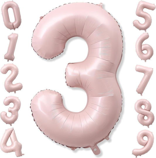 Pink Number 3 Balloon, 40 Inch Giant Pastel Light Pink Number Balloons 0-9 for Girls, Self Inflating Helium Foil 3rd Birthday Balloon 3 for Anniversary Baby Shower Coquette Princess Party Decorations