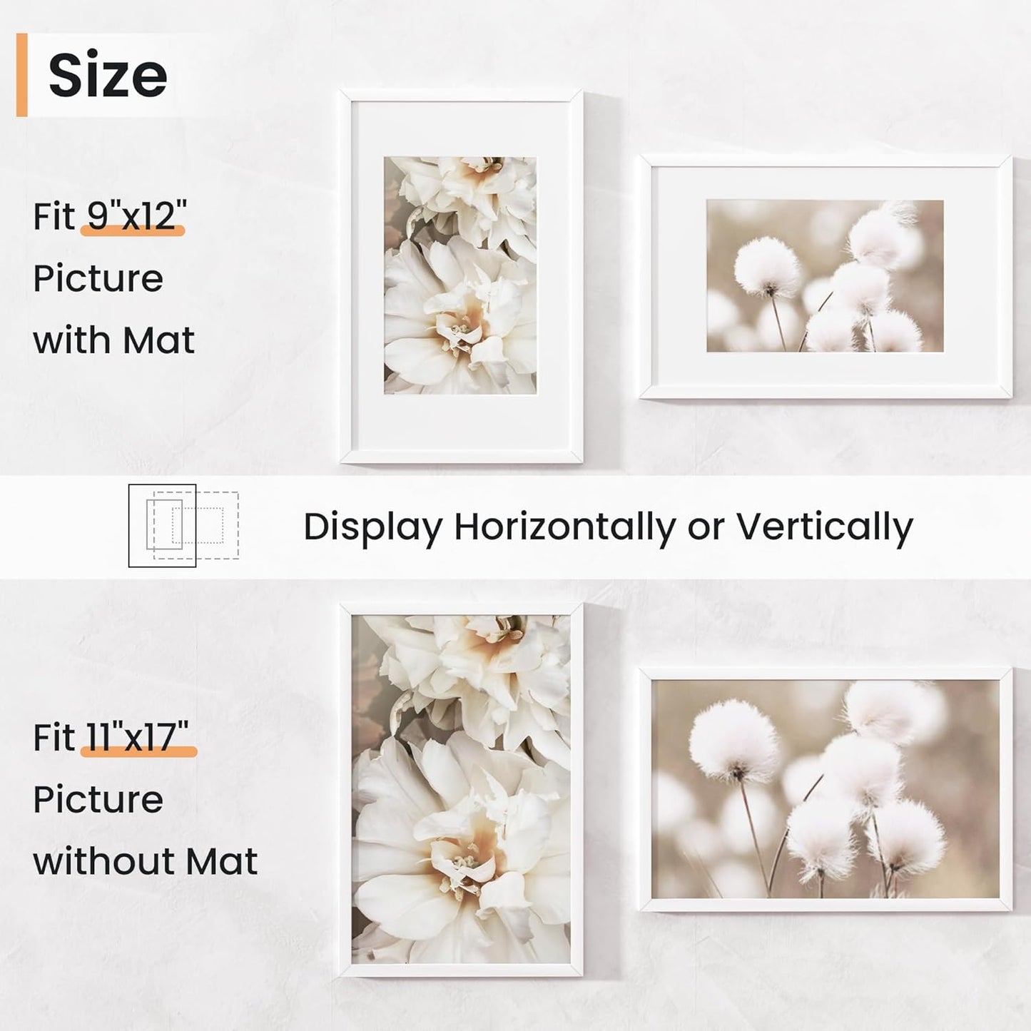 11x17 inch Picture Frame, 11x17 Photo Frames with 8x12 Removable Mat - High Definition Plexiglass - Vertical and Horizontal Display - Wall Hanging Frame - White, 3 Pack