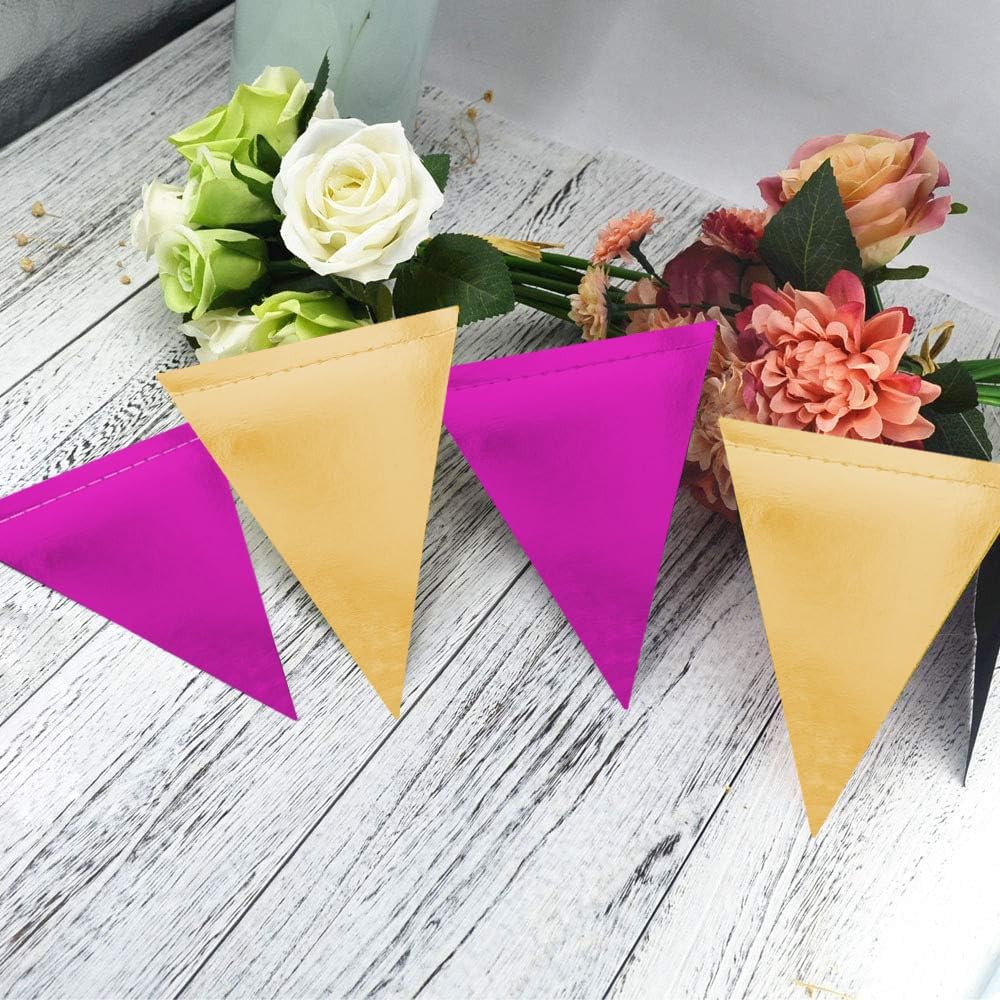 MerryNine Triangle Flag Bunting Banner, 3 Pack Vintage Style Pennant Banner for Wedding, Baby Shower, Event & Party Supplies 45pcs Flags (Purple Gold)