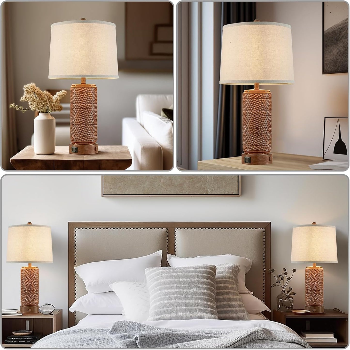 RORIA Set of 2 Vintage Touch Table Lamps for Living Room, 3 Way Dimmable Nightstand Lamp with 2 USB Port, Farmhouse Rustic Boho Ceramic Desk Lamps for Bedroom End Table, Bulbs Included