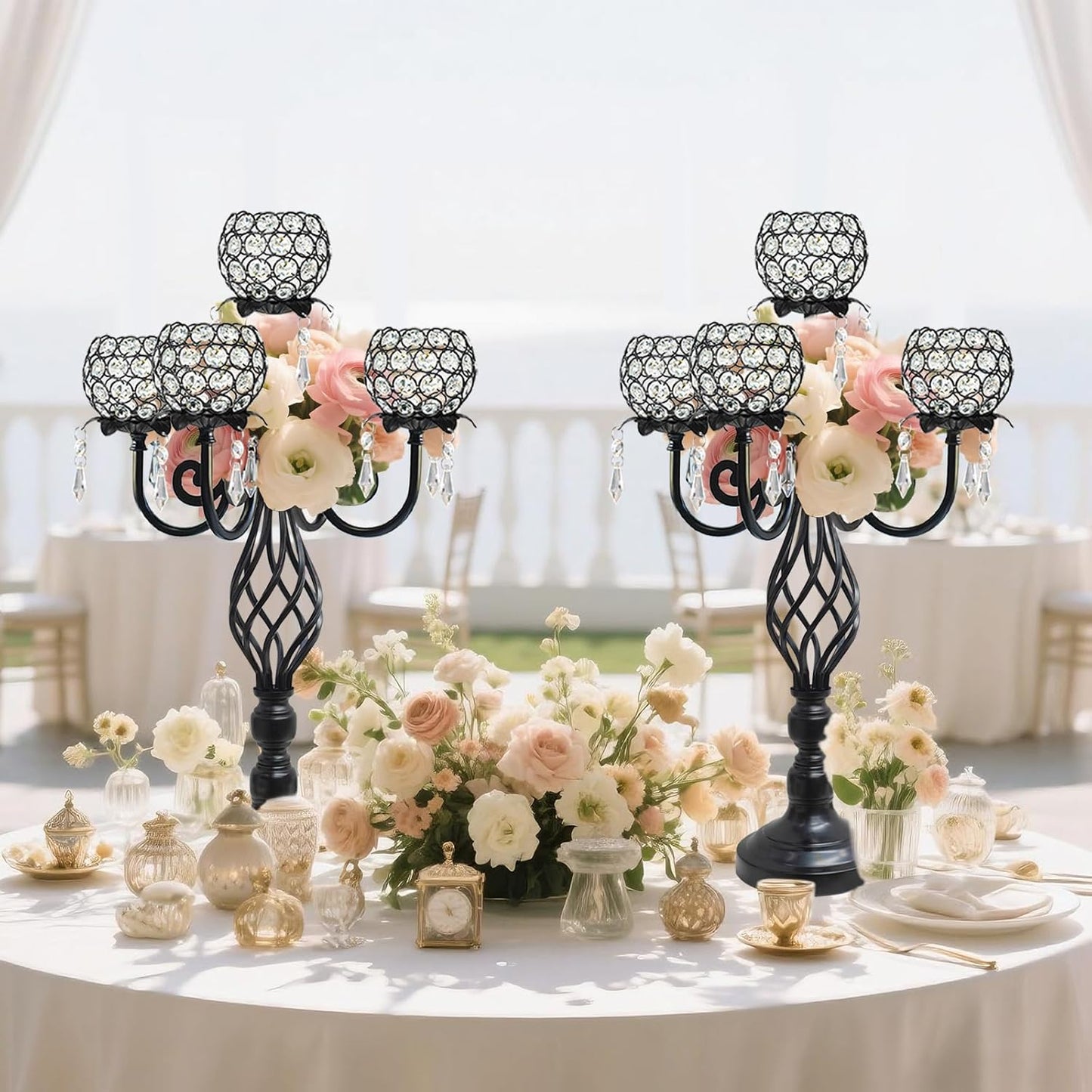 5-Arm Crystal Candelabra Centerpiece 23.2" Tall - Elegant Candle Holder Stand with Crystal Bowl, Chic Table Decor for Weddings, Parties, Anniversary & Home Decoration (4, Black)