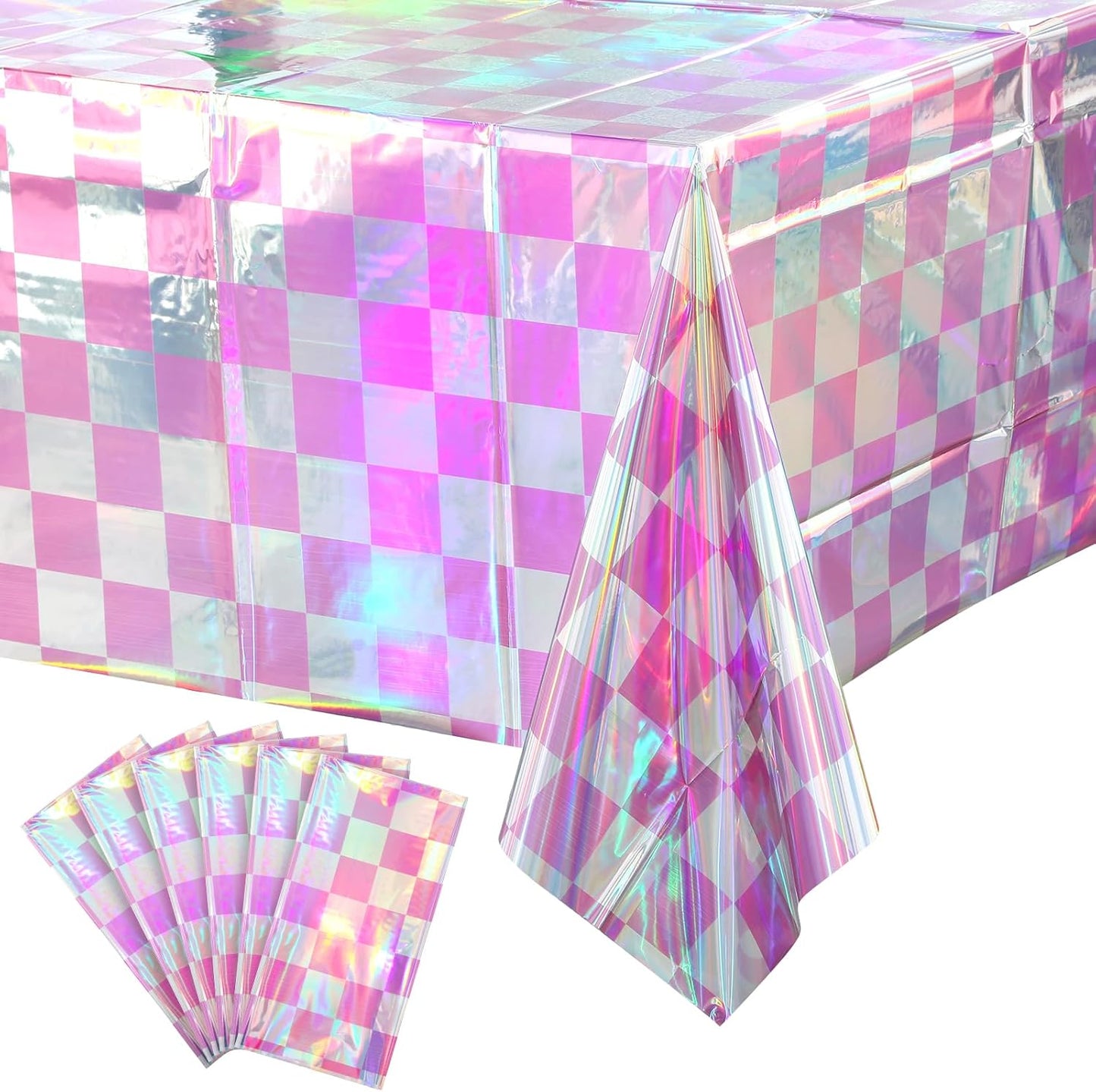 6 Pack Pink and Iridescent Checkered Plastic Tablecloth, Shiny Disposable Laser Rectangle Table Covers, Holographic Foil Tablecloth Iridescent Party Decorations for Picnic Camping Outdoor, 54x108Inch
