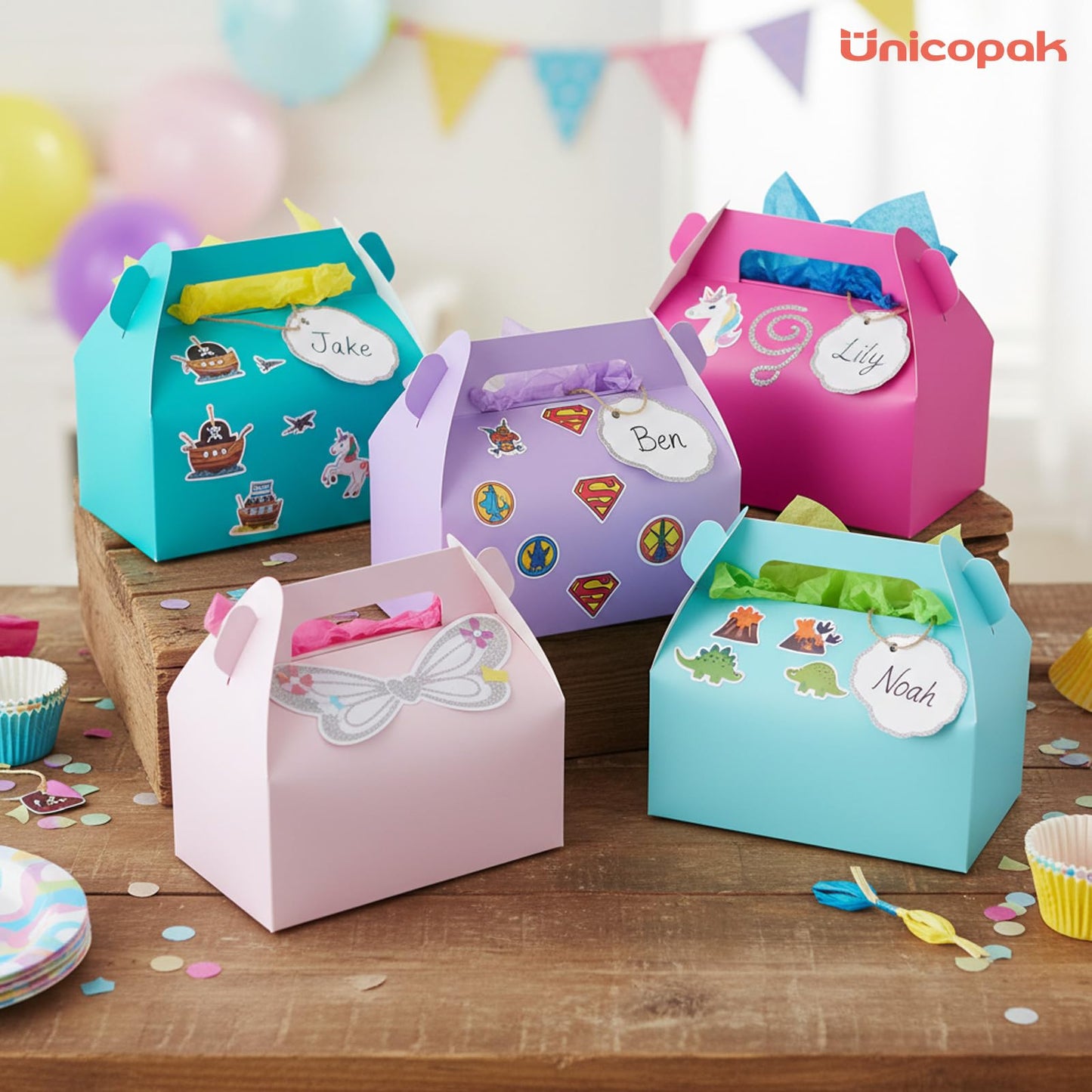 UnicoPak 10 Pack Pastel Party Favor Bag Boxes, Gable Gift Boxes with Handles for Candies Treats