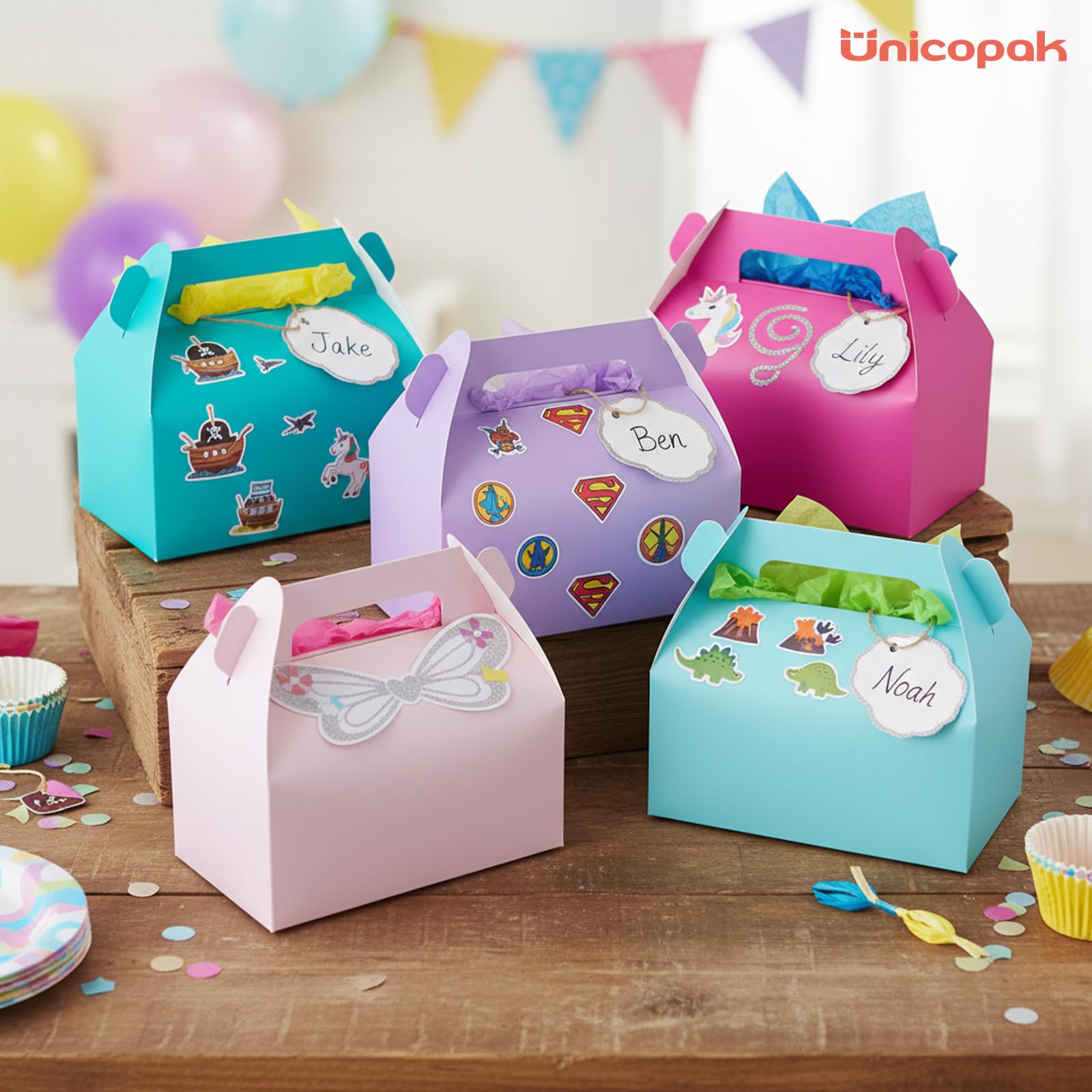 UnicoPak 10 Pack Pastel Party Favor Bag Boxes, Gable Gift Boxes with Handles for Candies Treats