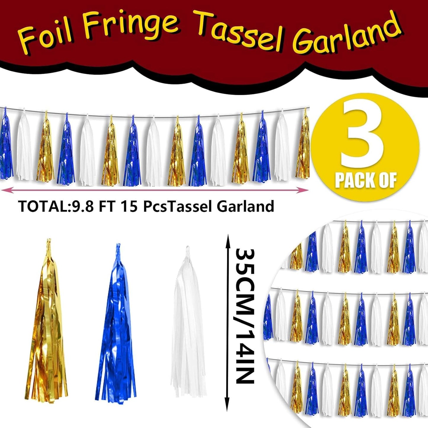 3P Metallic Fringe Tassel Banner Garland Foil Tinsel Streamer Wall Hanging Curtain Backdrop Banners for Parade Floats Birthday Party Graduation Retirement Party Decorations(Navy-Blue White and Gold)