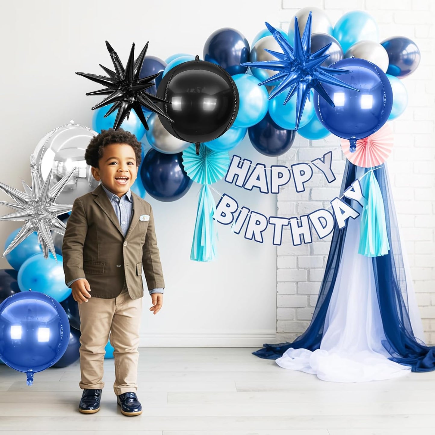 6Pcs Black Blue Silver Foil Balloons,22Inch Black Blue 4D Round Ball Balloon and Explosion Star Balloon for Birthday Wedding Baby Shower Prom Party Anniversary Decorations