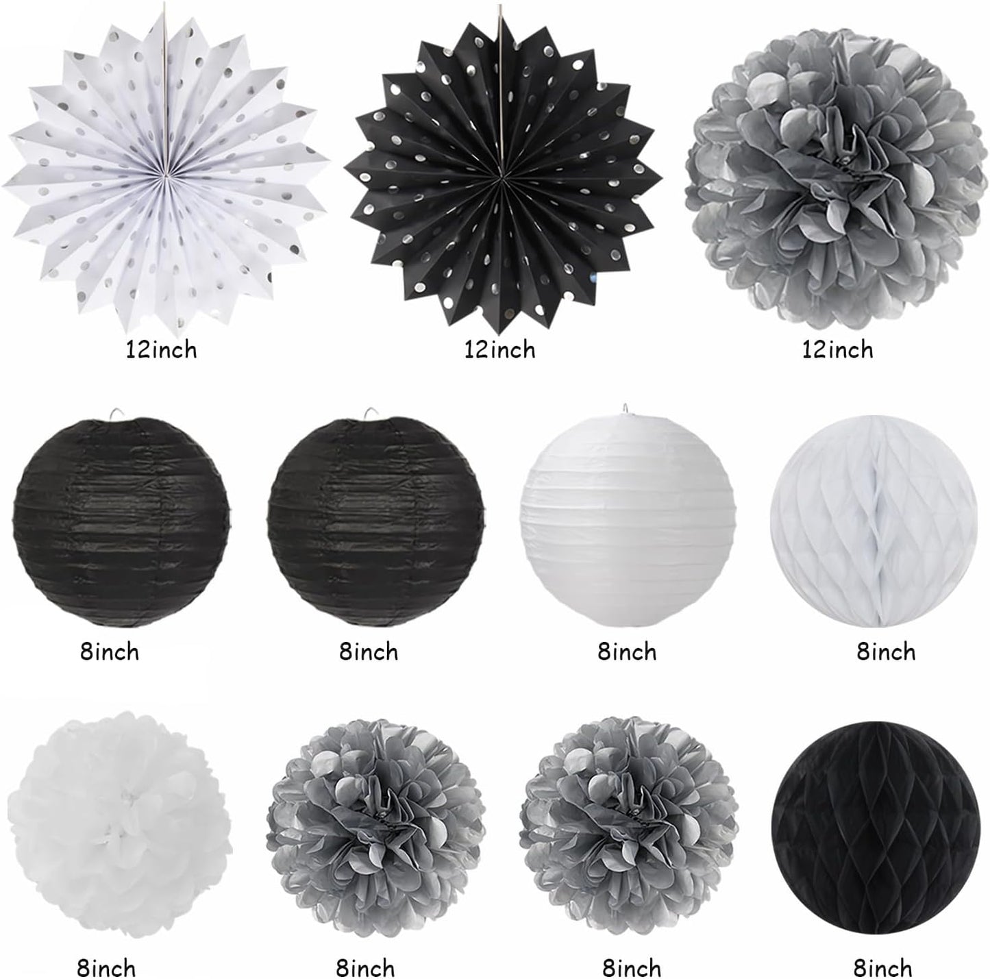 Black White Silver Birthday Party-decorations - 21pcs Boys Men Happy Banner,Paper Streamers Lanterns Honeycomb,Tissue Pom Poms Fan,Adult Supplies Decor 16th 20th 40th 45th 50th 60th Huglony