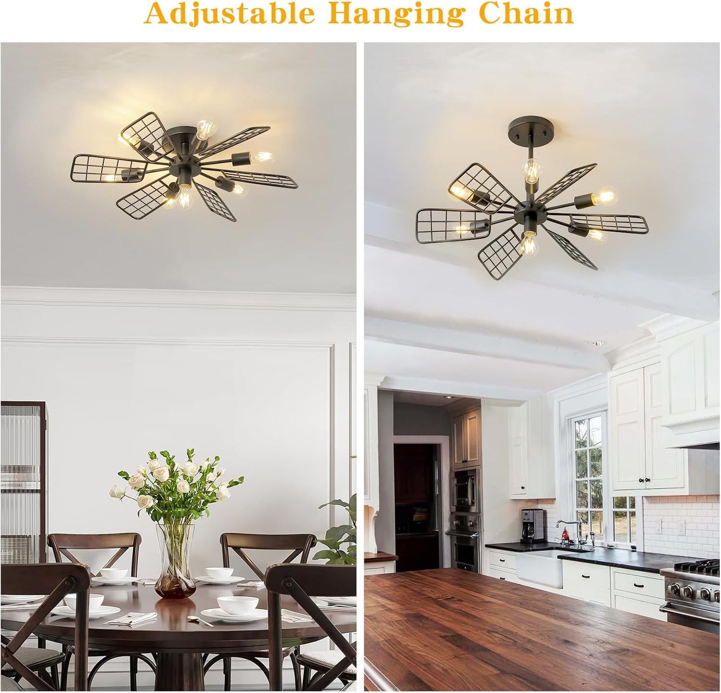 Modern Farmhouse Chandelier,28 Inch Black Metal Geometry Rustic Vintage Semi Flush Mounted Ceiling Light Fixture for Dining Room Bedroom Kitchen Island Hallway Foyer Entryway(7-Light)