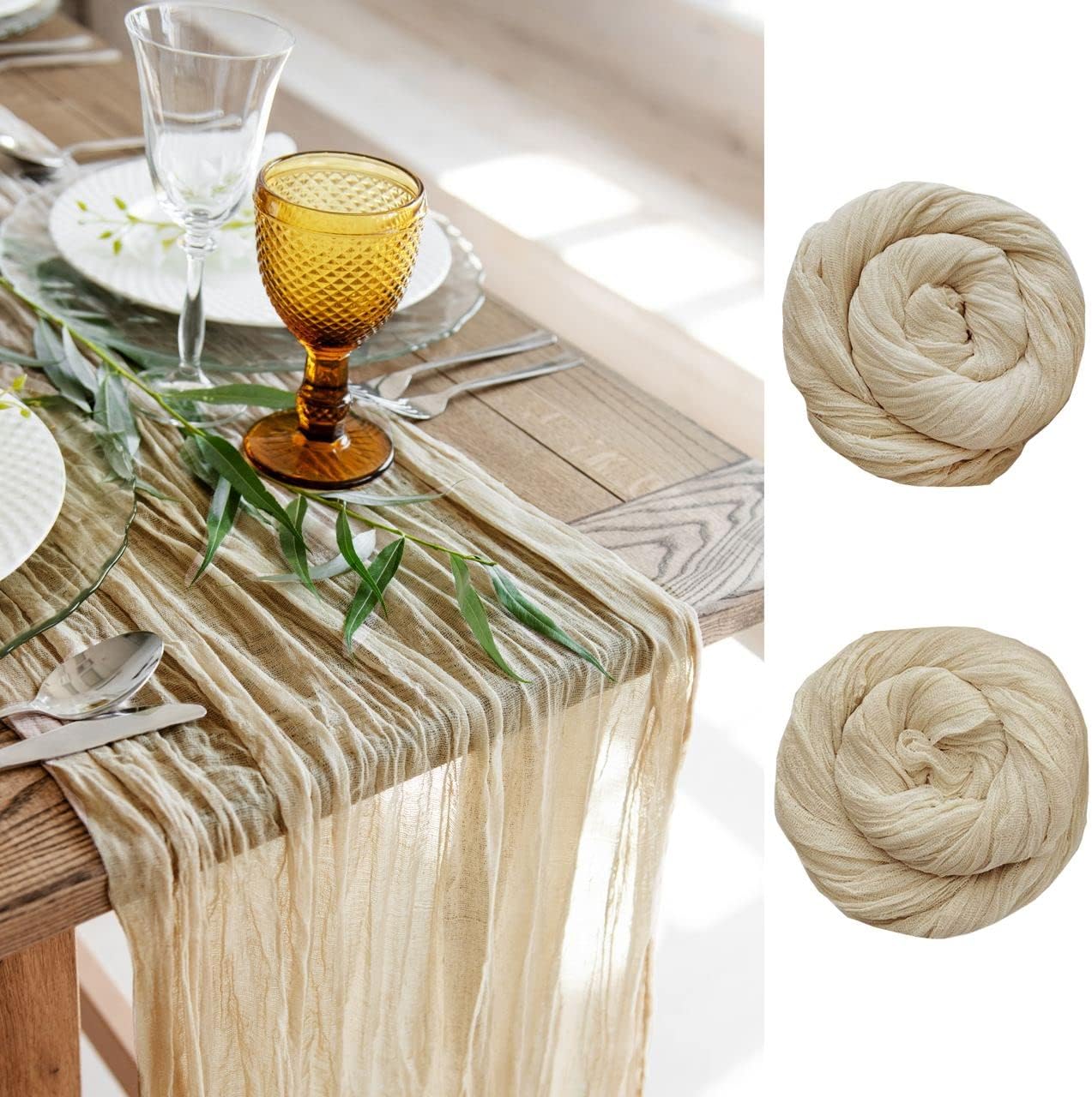 Gauze Table Runner Bulk Cheesecloth Table Runner Set of 2 Pieces 141 inches Long Each for Bohemian Wedding Wedding Decorations, Beige Cheese Cloth Gauze Fabric
