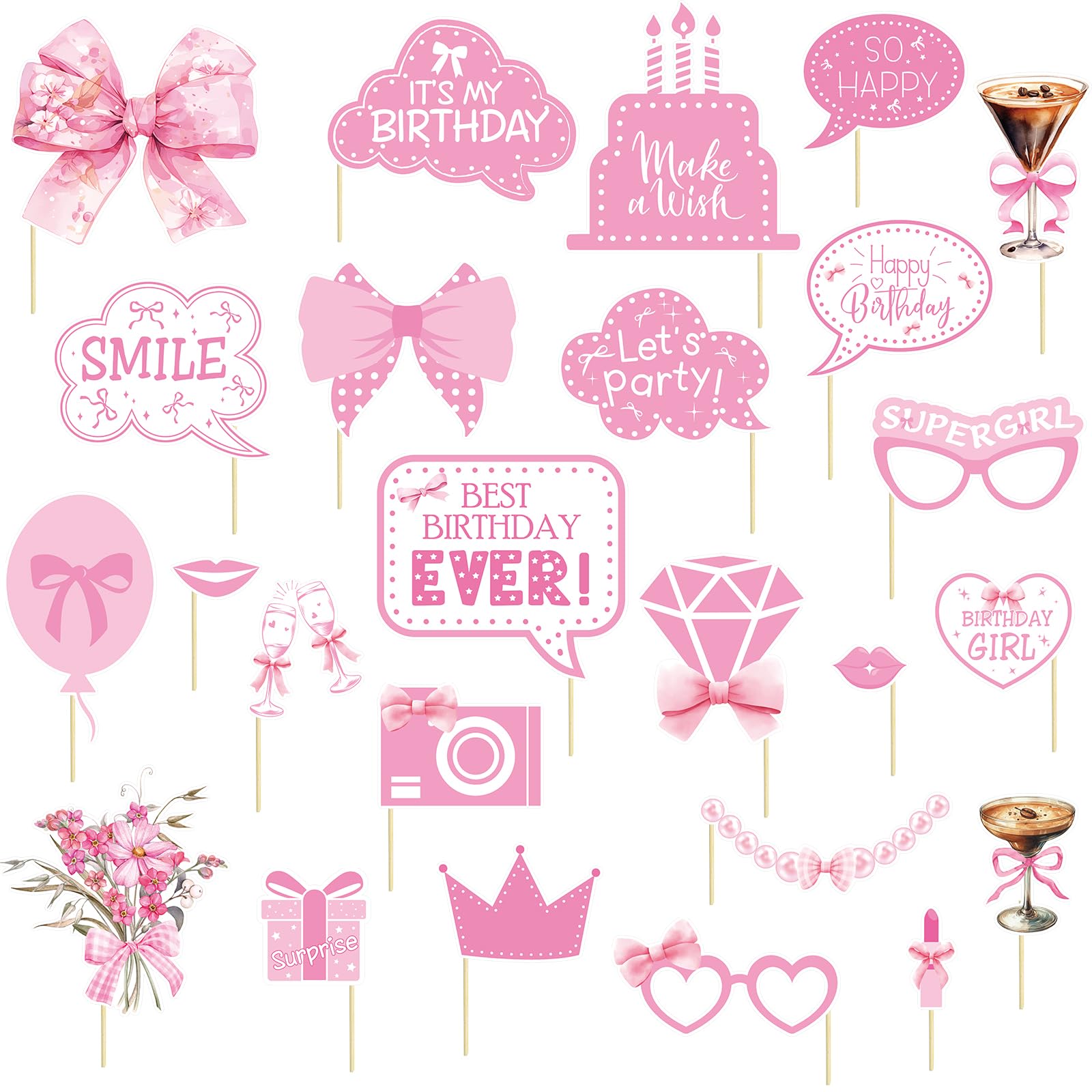 Pink Bow Party Decorations Photo Booth Props Signs,25pcs Pink Bow Birthday Decorations Selfie Props