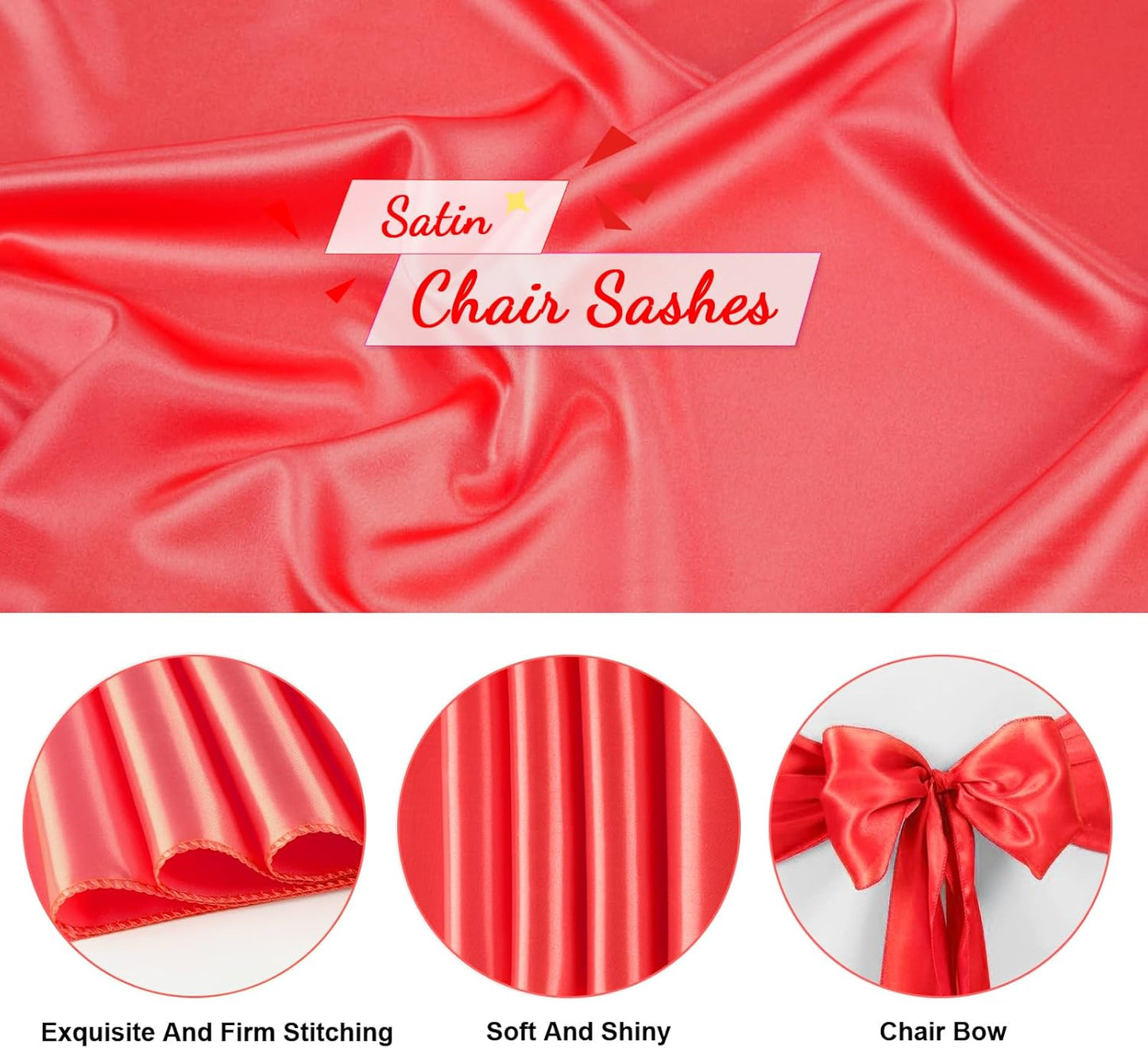 50 PCS Red Satin Chair Sashes Bows Universal Chair Ribbon Ties Back Sash for Wedding Party Reception Events Banquets Hotel Event Chair Cover Decoration (7x108 inch)