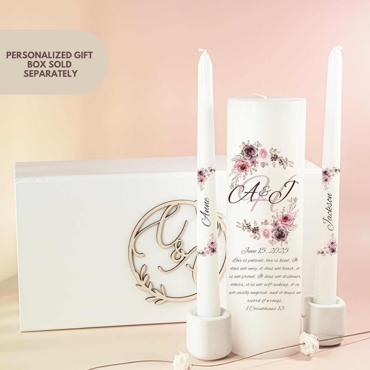 Unity Candles for Wedding, Modern Unity Set, Custom and Personalized Pillar and Taper Candles with Bible Quote, Unscented White Premium Wax, Religious and Wedding Ceremony, Special Events (Clover)