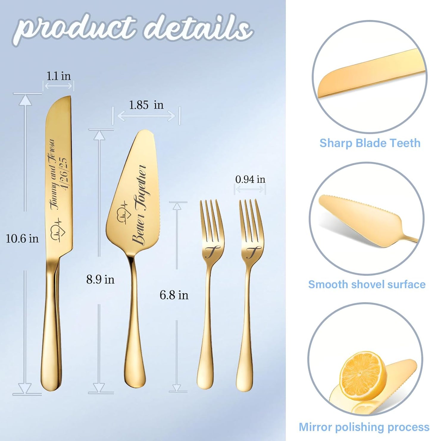 Personalized Wedding Cake Knife and Server Set, Custom Names Cake Cutting Set with Stainless Steel Forks, Customized Bridal Anniversary Birthday Wedding Registry Gifts (Gold)