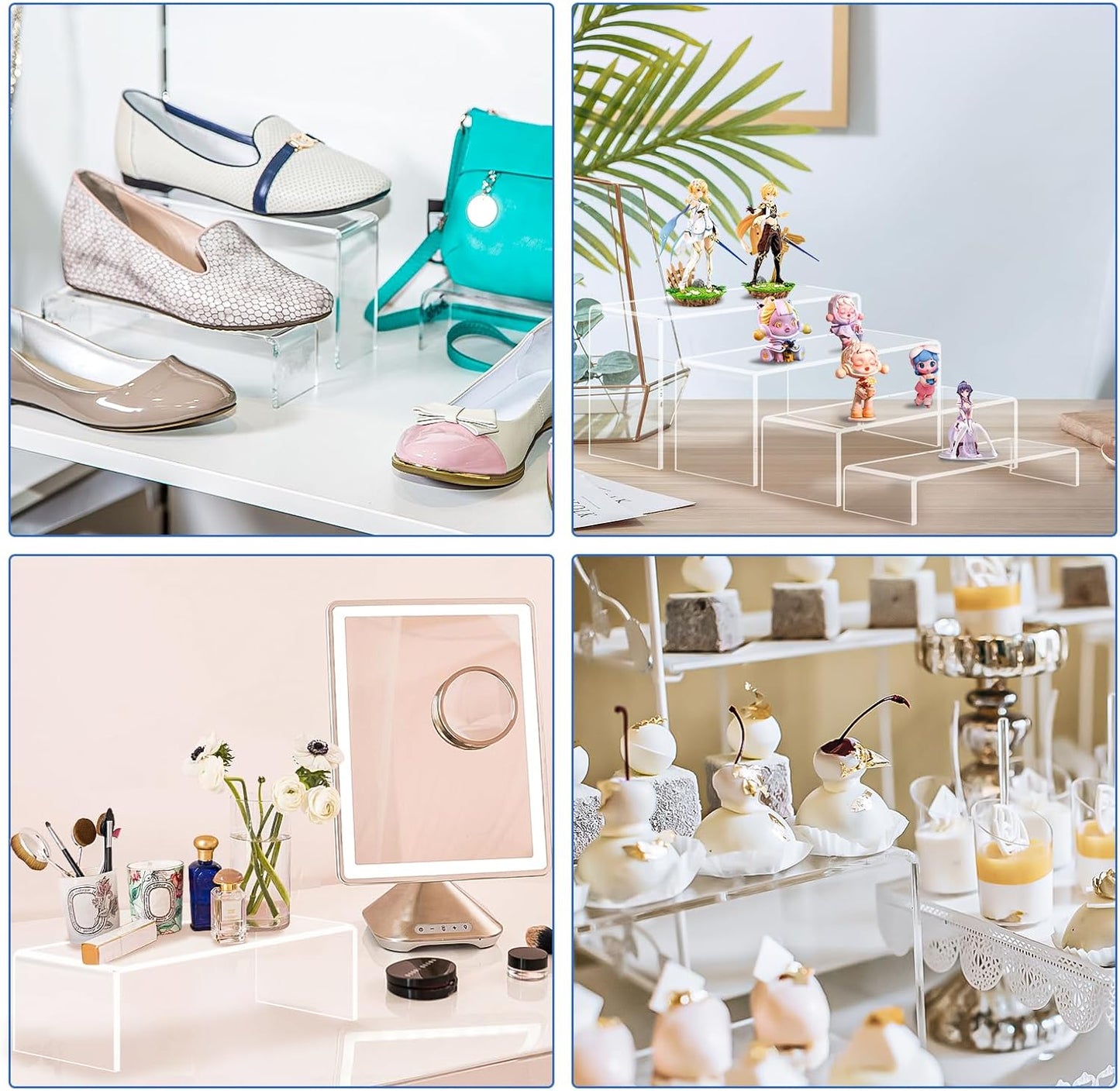 Aheroi Large Acrylic Risers, 10 Pcs 2 Set(7”L~8”L~9”L) Riser Display Shelf, Clear Rectangular Display Stands Set, Transparent Shelves for Decor, Showcase Holder for Cupcake