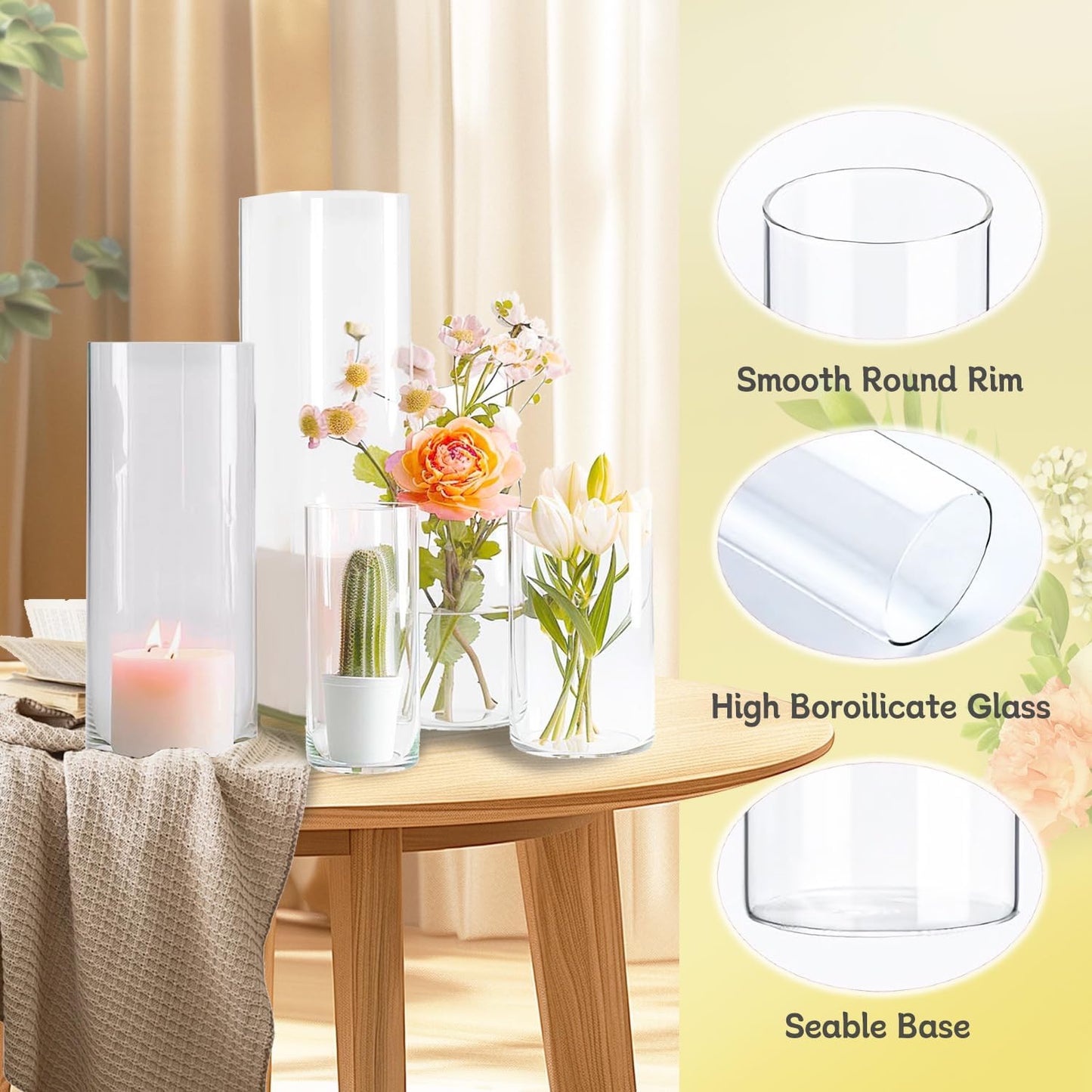 60pcs Glass Vase Cylinder Vases for Centerpieces Small Flower Glass Vases Home Decor Centerpiece Table Clear Flower Vase Decorations for Wedding＆Holiday 4,6,7.5,8,10 Inch Tall