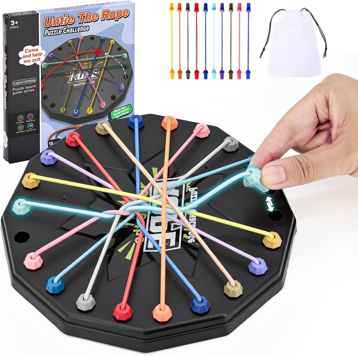 Brainy Knots Rope Untangling Game, Twisted Challenge Puzzle Game, Educational Strategy Board Game for Adults Kids, Portable Family Travel Party Toys Gifts for All Ages (Black#2)