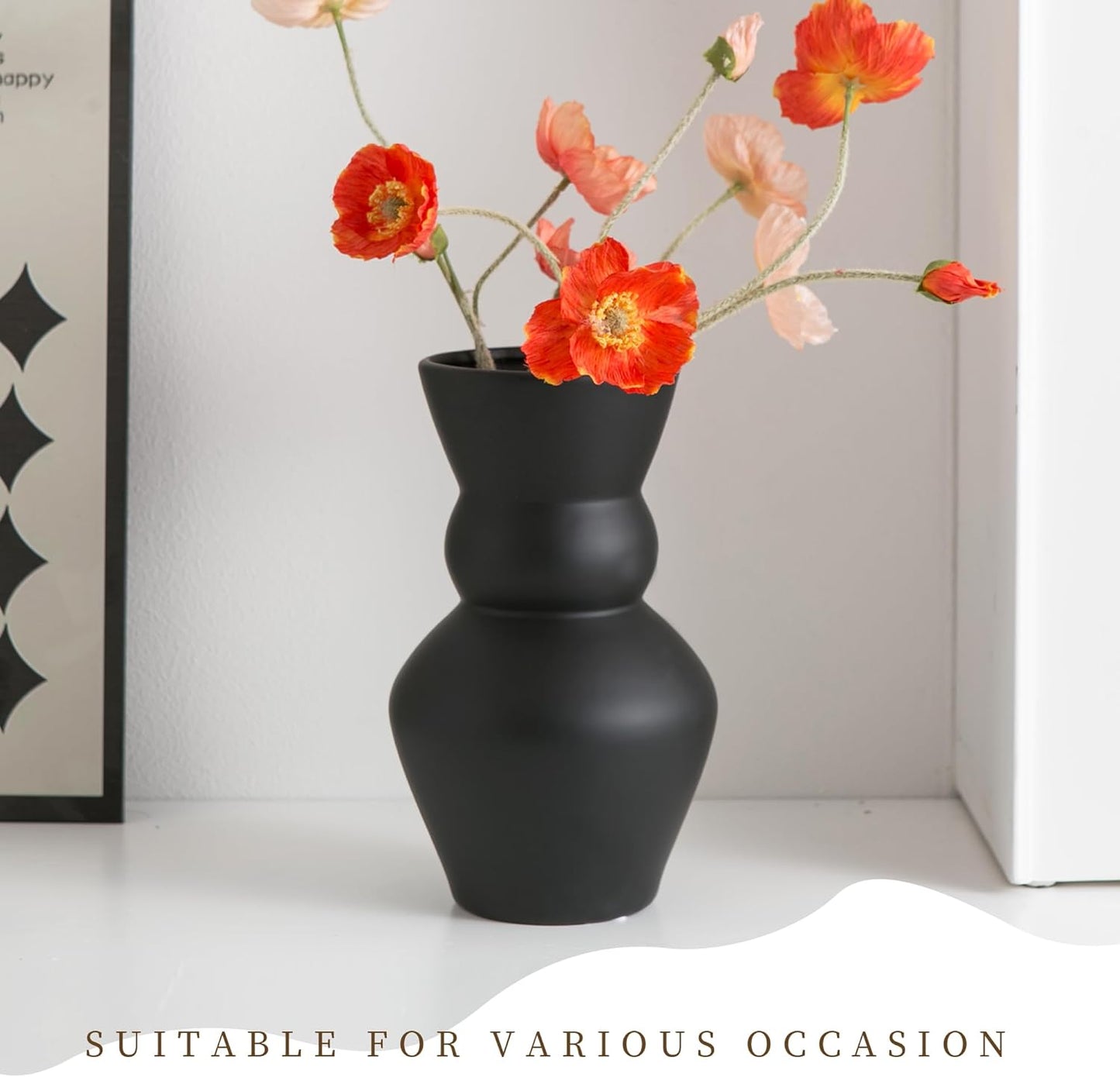 Black Ceramic Vase, Modern Matte Pampas Grass Vases, Boho Big Mouth Vase Home Decor for Centerpiece Wedding Party Living Room Office Bedroom, Housewarming Gift