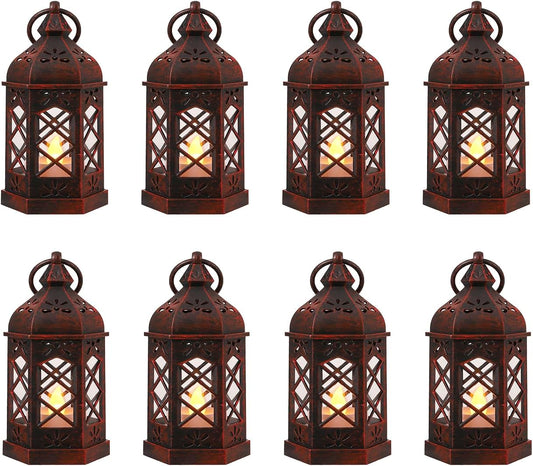 LLQ 8Pack Mini Lantern Decorative for Halloween Christmas & Wedding, Small Vintage Moroccan Lantern with Flickering LED Candle for Table Centerpieces, Enchanted Forest Medieval Decor, Hanging Ornament