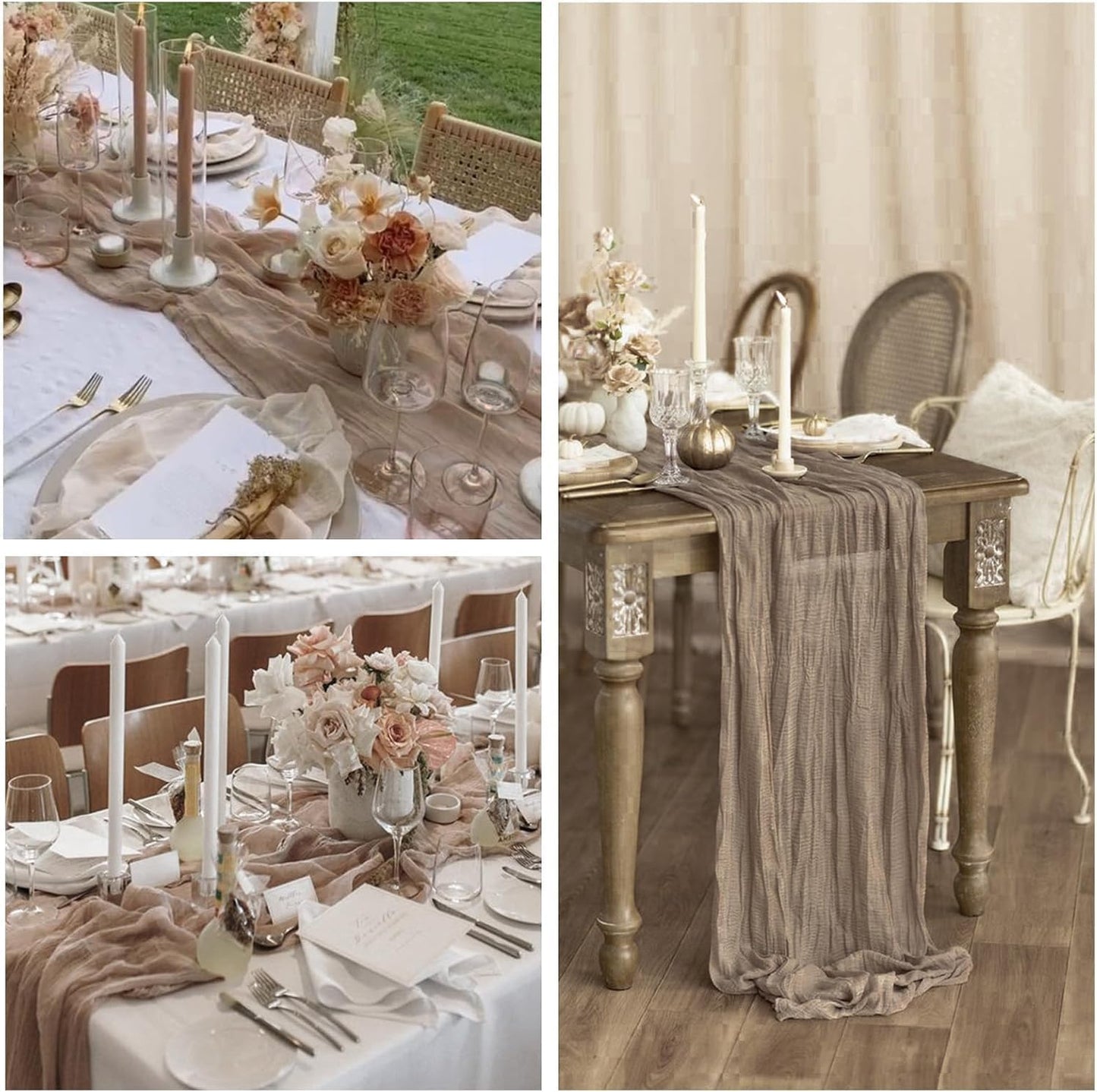 12Pcs Khaki Cheesecloth Table Runner 120 Inch10FT Nude Rustic Boho Cheesecloth Table Runnerfor Wedding Party Baby Shower Birthday Home Decor Holiday Decorations