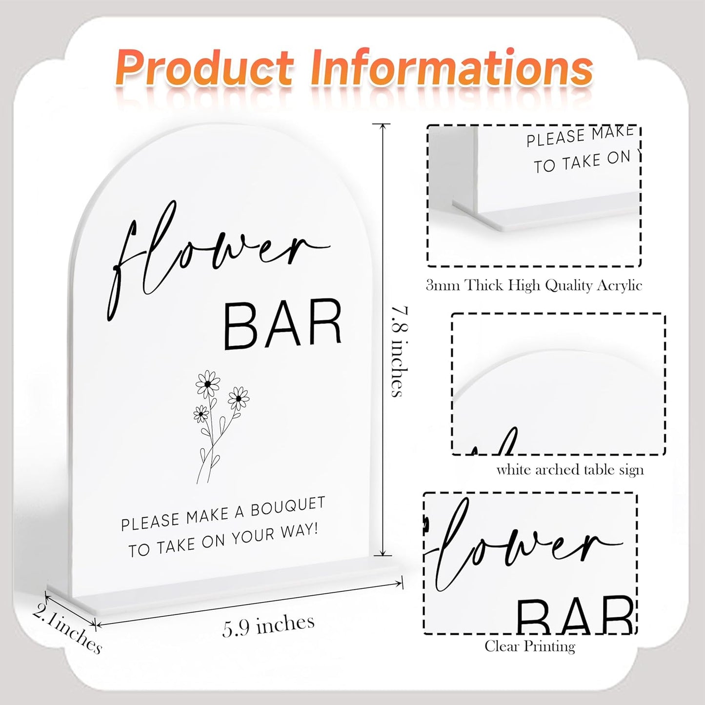 Flower Bar Sign, White Arch Acrylic Wedding Sign, Flower Bar Supplies, Wedding Reception Decorations, Bridal Shower Decor, Engagement Party Decor, Centerpiece Table Decorations Party-11