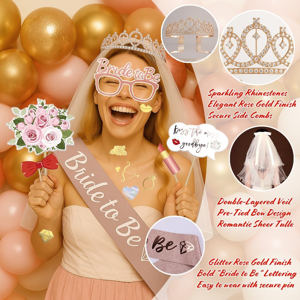 168PCS Bridal Shower Decorations Kit – Rose Gold Bachelorette Party Supplies with Bride To Be Foil Balloon, Shoulder Sash, Veil, Crown, Balloons, Props, Fringe Curtains, Tattoos, Cake Toppers