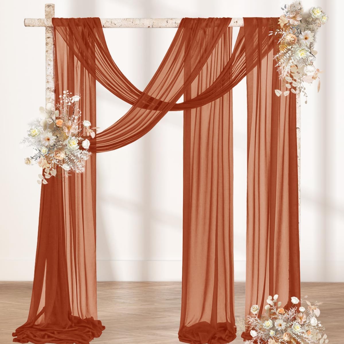 MLMW Fall Wedding Arch Draping Fabric 2 Panels 29" x 20Ft Burnt Orange Terracotta Sheer Wedding Arch Backdrop Drapes Outdoor Curtain for Thanksgiving Ceremony Party Background Ceiling Decor