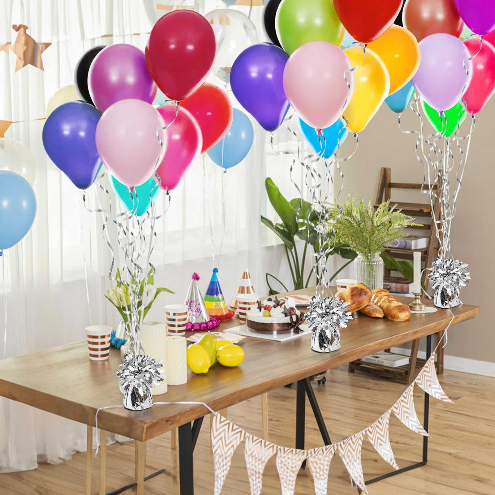 Frcctre 24 Pack Balloon Weights Metallic Silver Anchors Balloon Holder Foil Weights with 1 Roll