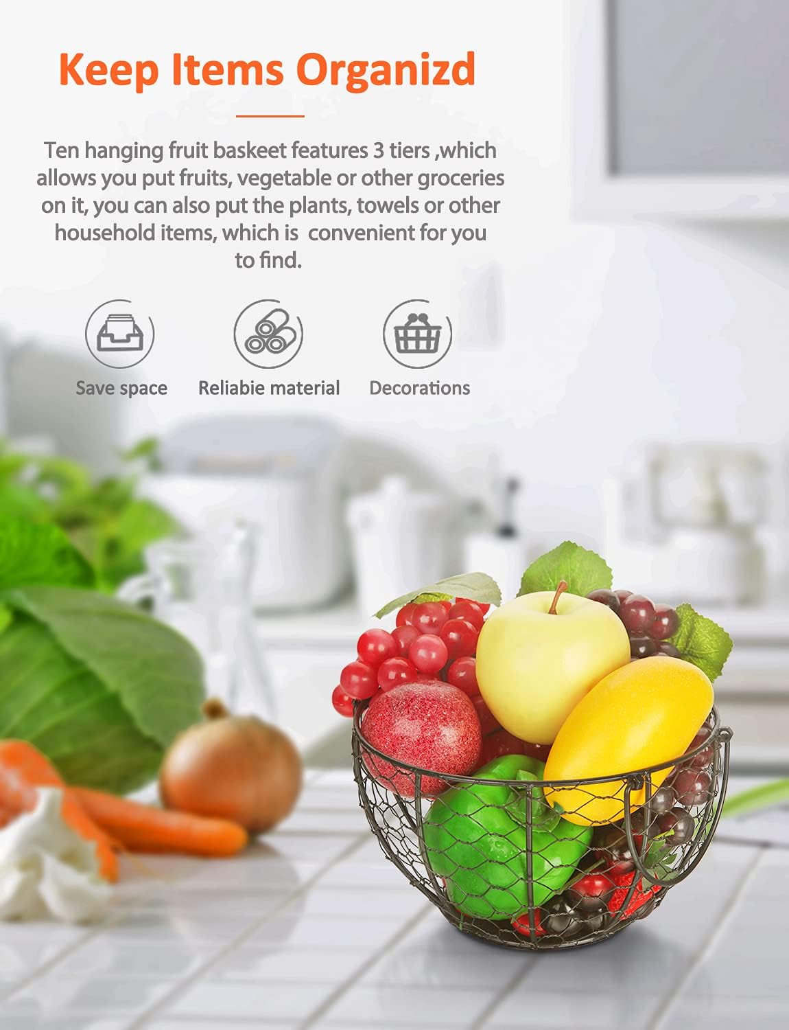 Round Wire Basket Black Fruit Basket Bowl Fruit Holder for Kitchen with Handle Black Home Storage for Vegetables, Snacks, Household Items Decor