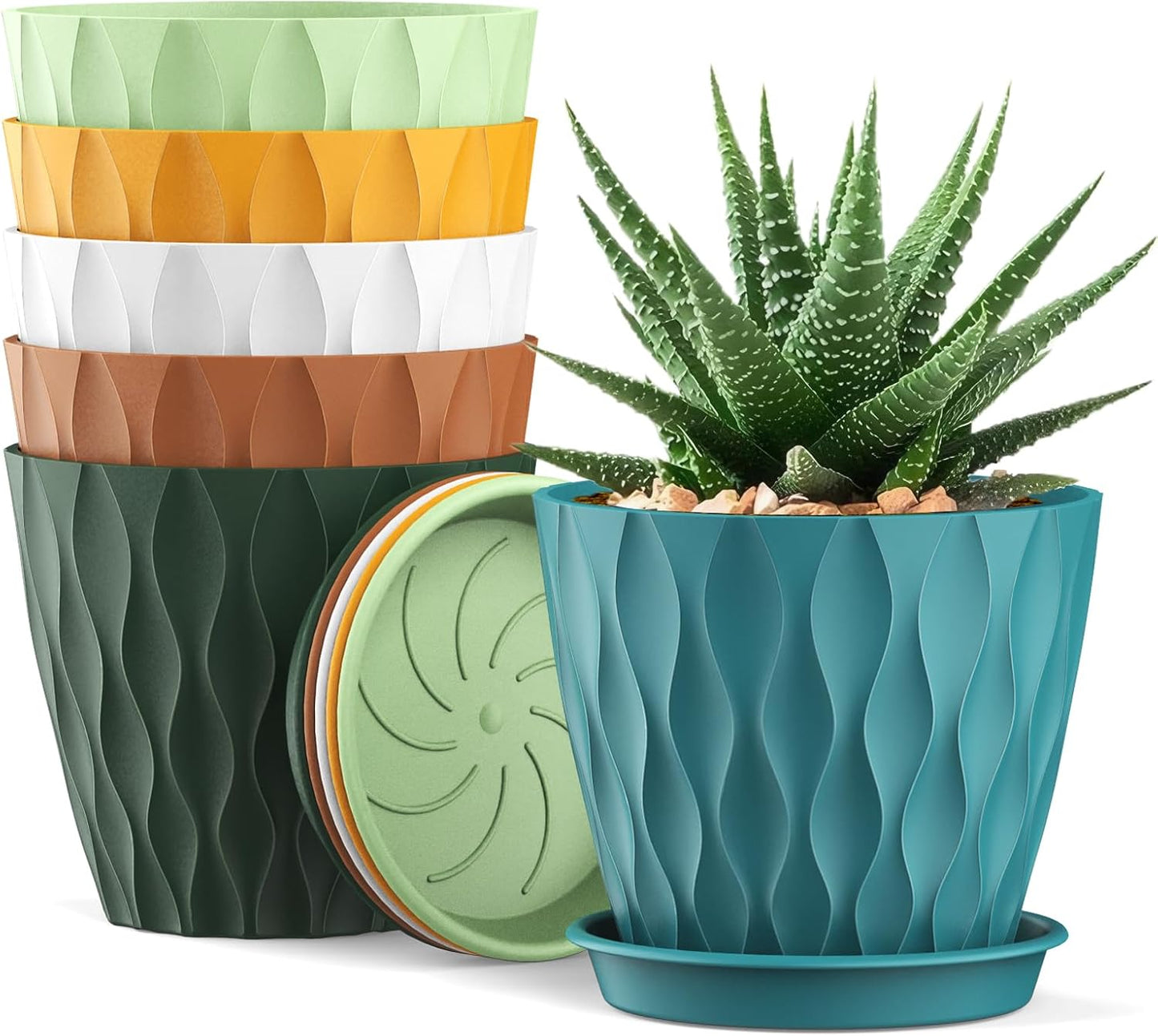 4 Inch Small Pots for Plants, 6 Pack Waffle Texture Small Plant Pots for Succulents, Plastic Planter with Drainage Holes and Saucers for Indoor Outdoor Plants, Flowers, Herbs, Seedlings, Colorful