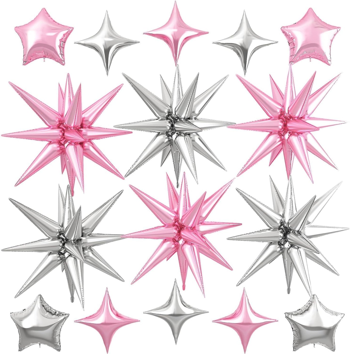 Pink Silver Star Balloon,16Pcs Star Foil Balloons Set with 22Inch Explosion Spike Cone Balloons and 10Inch Quadrangle Helium Balloon for Birthday Wedding Baby Shower Party Decorations