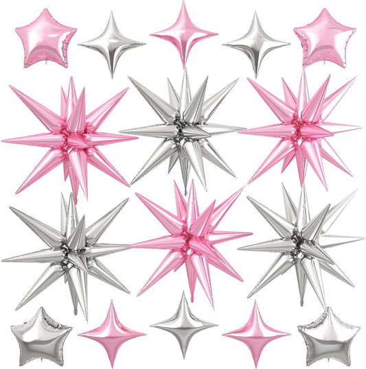 Pink Silver Star Balloon,16Pcs Star Foil Balloons Set with 22Inch Explosion Spike Cone Balloons and 10Inch Quadrangle Helium Balloon for Birthday Wedding Baby Shower Party Decorations
