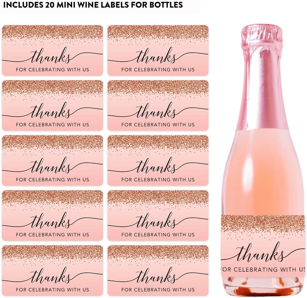 Andaz Press 20-Pack Mini Wine Labels for Bottles, Blush Pink Faux Rose Gold Glitter, Thanks for Celebrating with Us, 3x2 Inch, Glossy, 20 Count