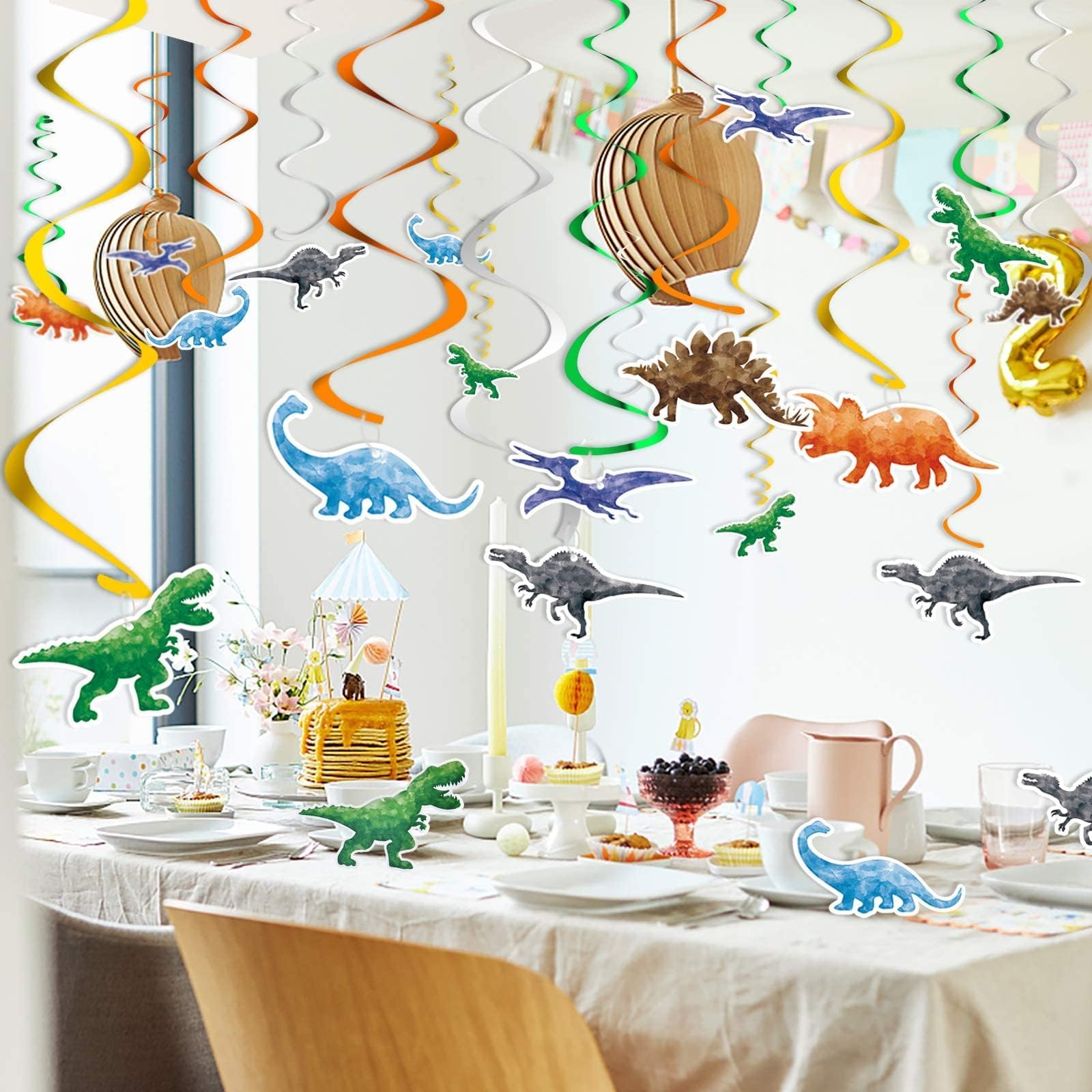 WERNNSAI 24 PCS Dinosaur Hanging Swirls Watercolor Dino Decoration