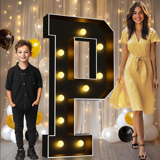 Pooqla 4 FT Marquee Light Up Letters, Black Marquee Letter Lights 4 Feet Tall, Giant Letter Sign Big Mosaic Letters for Balloons Birthday Party Anniversary Wedding Decorations, Warm White Letter P
