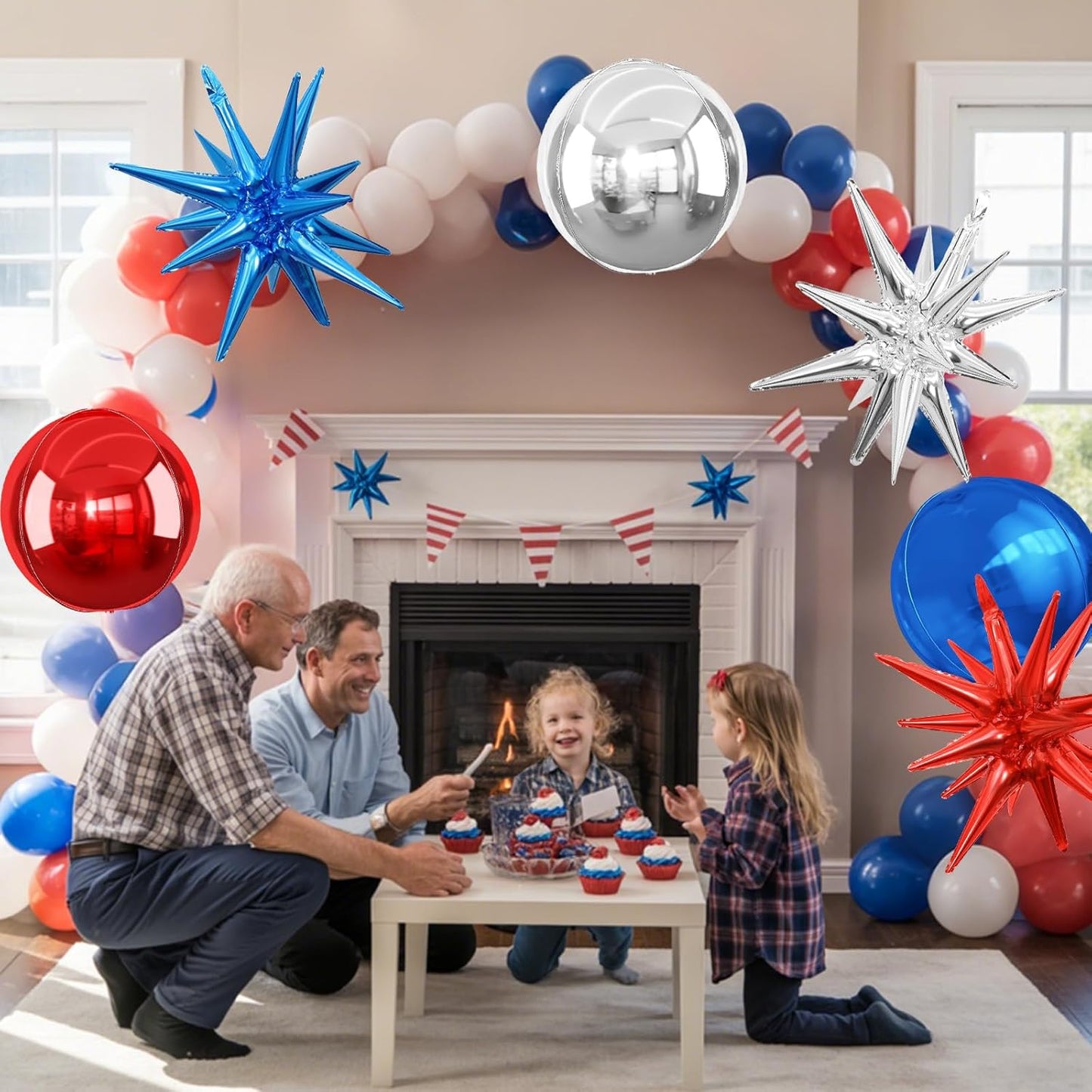 6Pcs Red Blue Silver Foil Balloons,22Inch Blue Red Silver 4D Round Ball Balloon and Explosion Star Balloon for Birthday Wedding Baby Shower Anniversary 4th of July Party Decorations