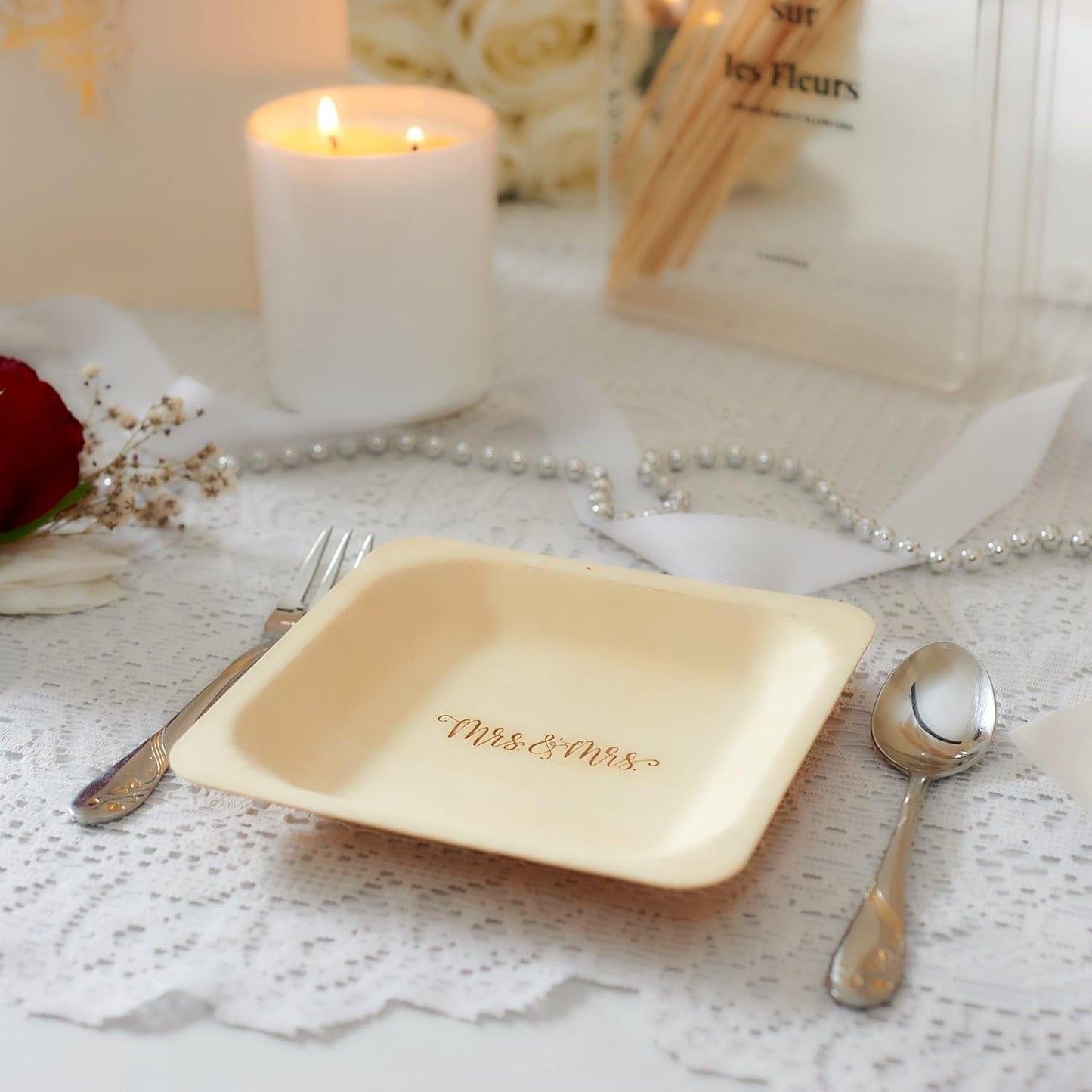 Mrs. and Mrs. Disposable Wedding Plates – Rustic, Compostable Alternative to Plastic Plates for Wedding Receptions, Engagement Parties, and Rehearsal Dinners (Appetizer, 50-Pack)