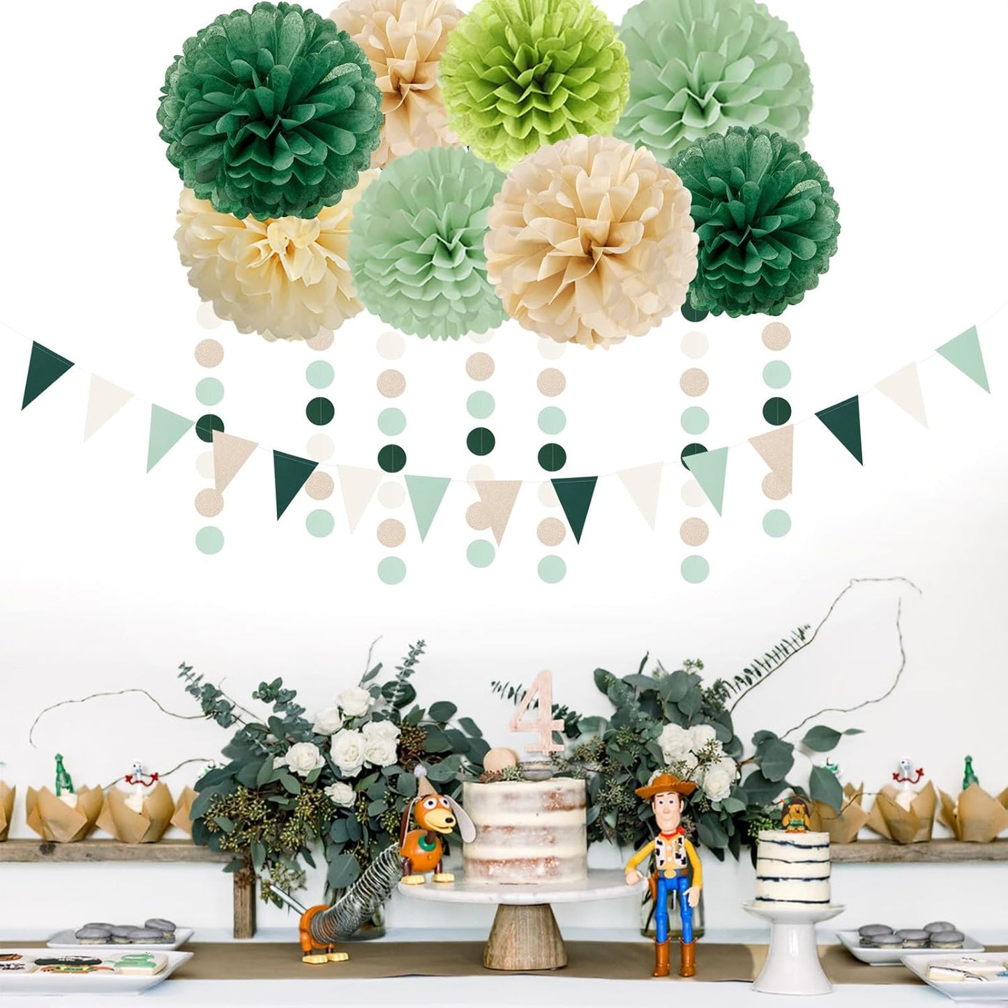 Sage-Olive Green Champagne-Gold Party Decorations - 30pcs Rustic Boho Wedding Paper Tissue Pom Poms Streamers,Tassel Garland Banner,Birthday Baby Bridal Shower Engagement Decor Lasting Surprise