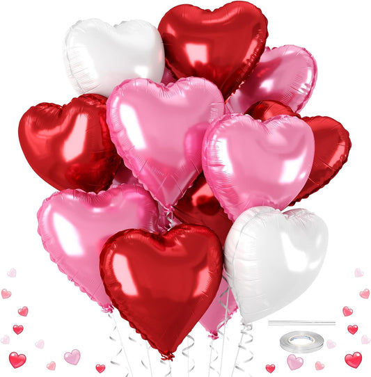 12 Pcs Heart Balloons - 18 inch Red Pink Heart Shaped Foil Helium Balloons for Wedding, Baby Shower, Valentine's Day Parties